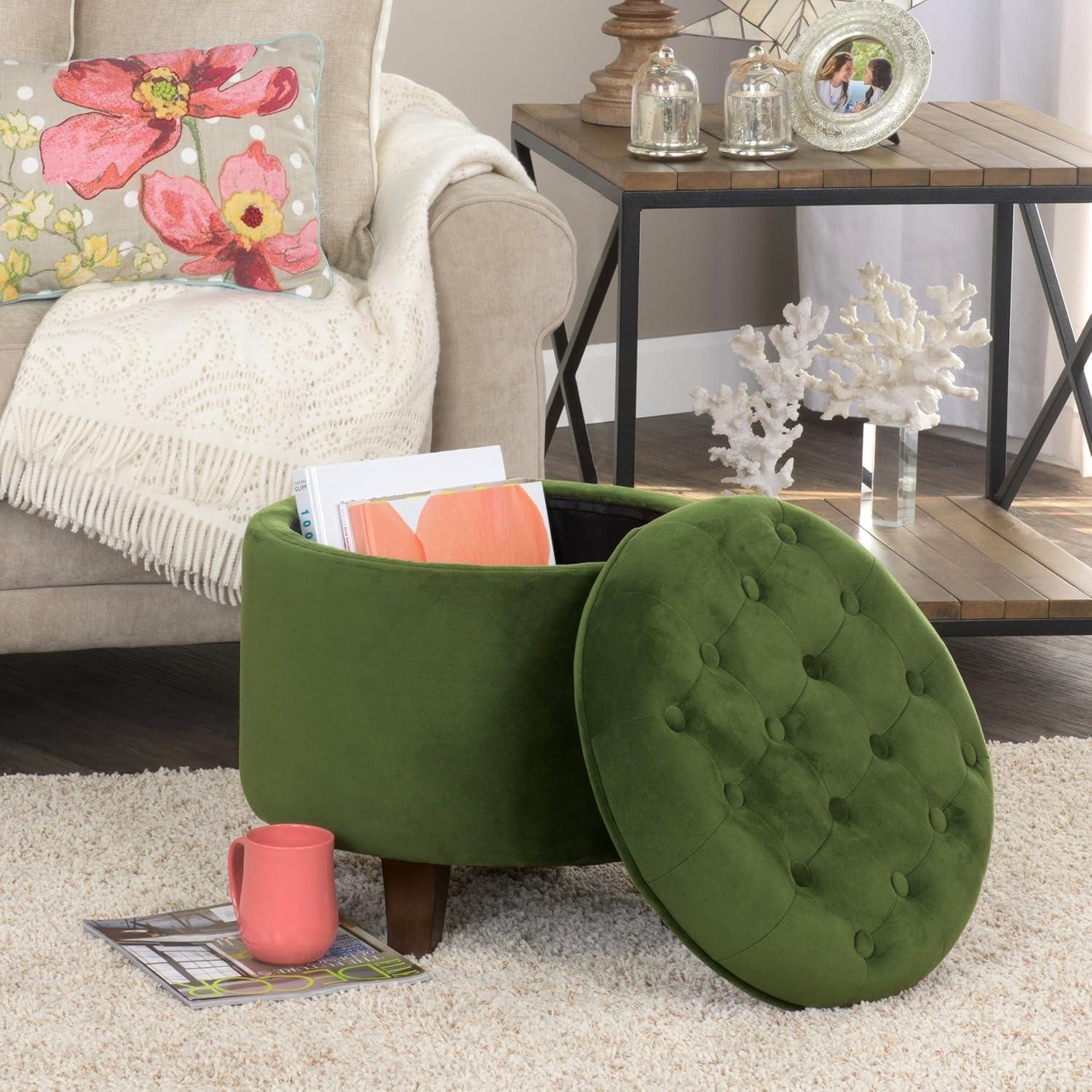 Forest Green Velvet Tufted Round Storage Ottoman