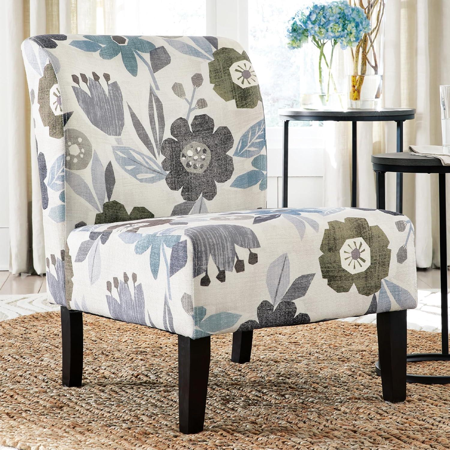 Signature Design by Ashley Triptis Accent Chair, Armless, Floral Pattern Upholstery, Ivory/Blue/Charcoal/Brown