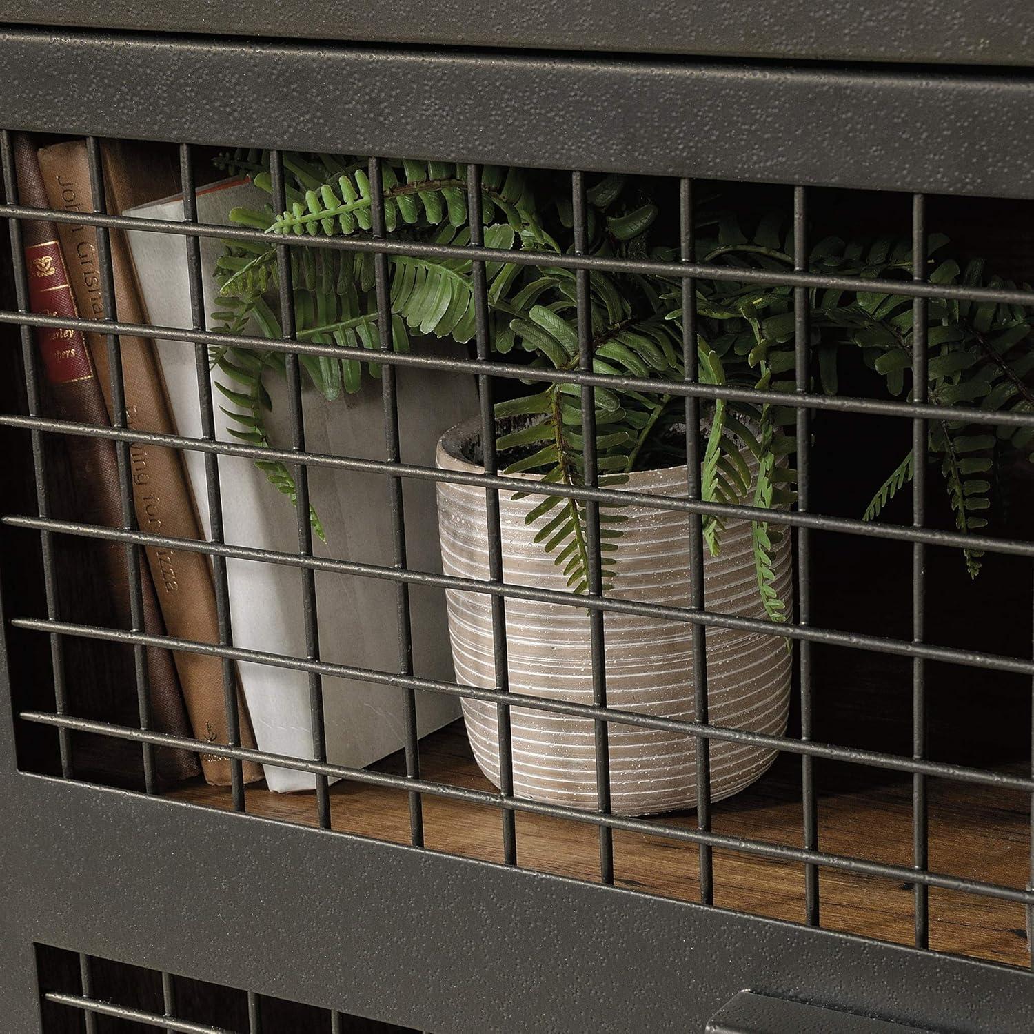 Vintage Oak and Black Industrial TV Stand with Mesh Doors