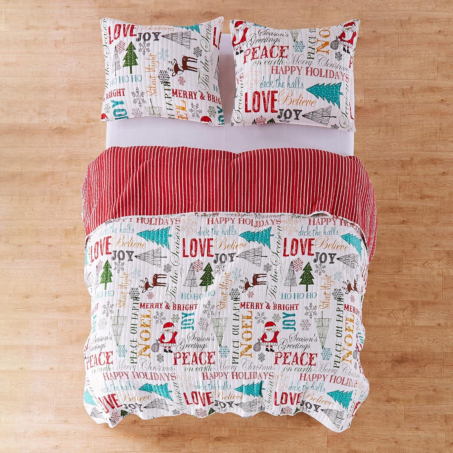 Santa Claus Lane Holiday Quilt Set - One King Quilt and Two King Pillow Shams White - Levtex Home