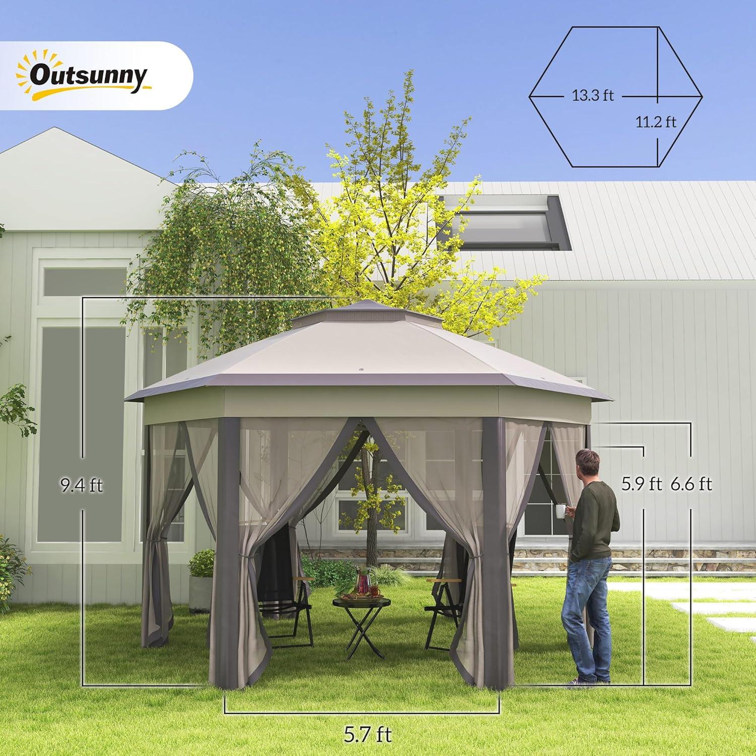 Outsunny 13' x 13' Pop Up Gazebo Hexagonal Canopy with 6 Zippered Mesh Netting, 2-Tier Roof Event Tent with Steel Frame for Patio Backyard, Coffee