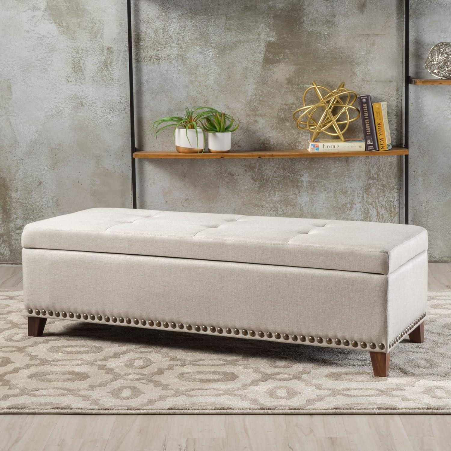 Beige Tufted Fabric Storage Ottoman with Nailhead Trim