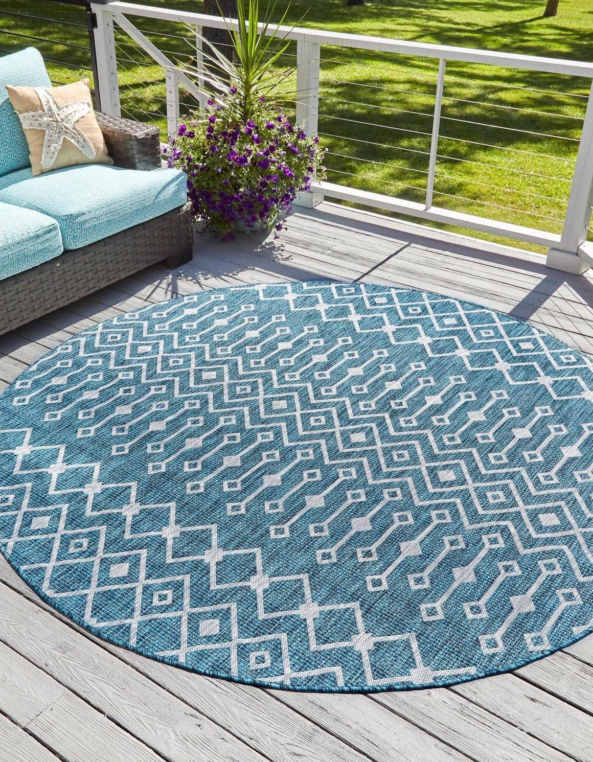 Unique Loom 10' 0 x 10' 0 Round Indoor/Outdoor Trellis Blue Area Rug