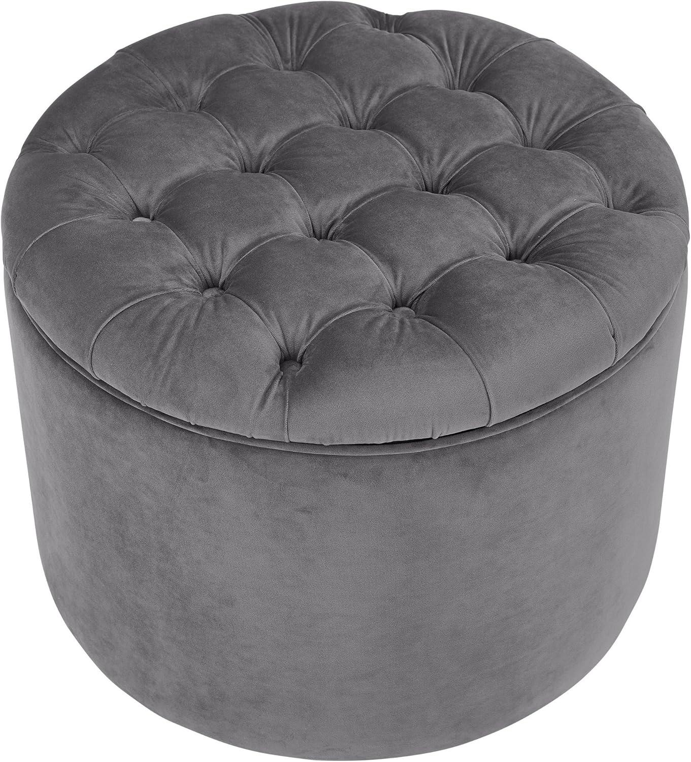 Contemporary Grey Velvet Tufted Round Storage Ottoman