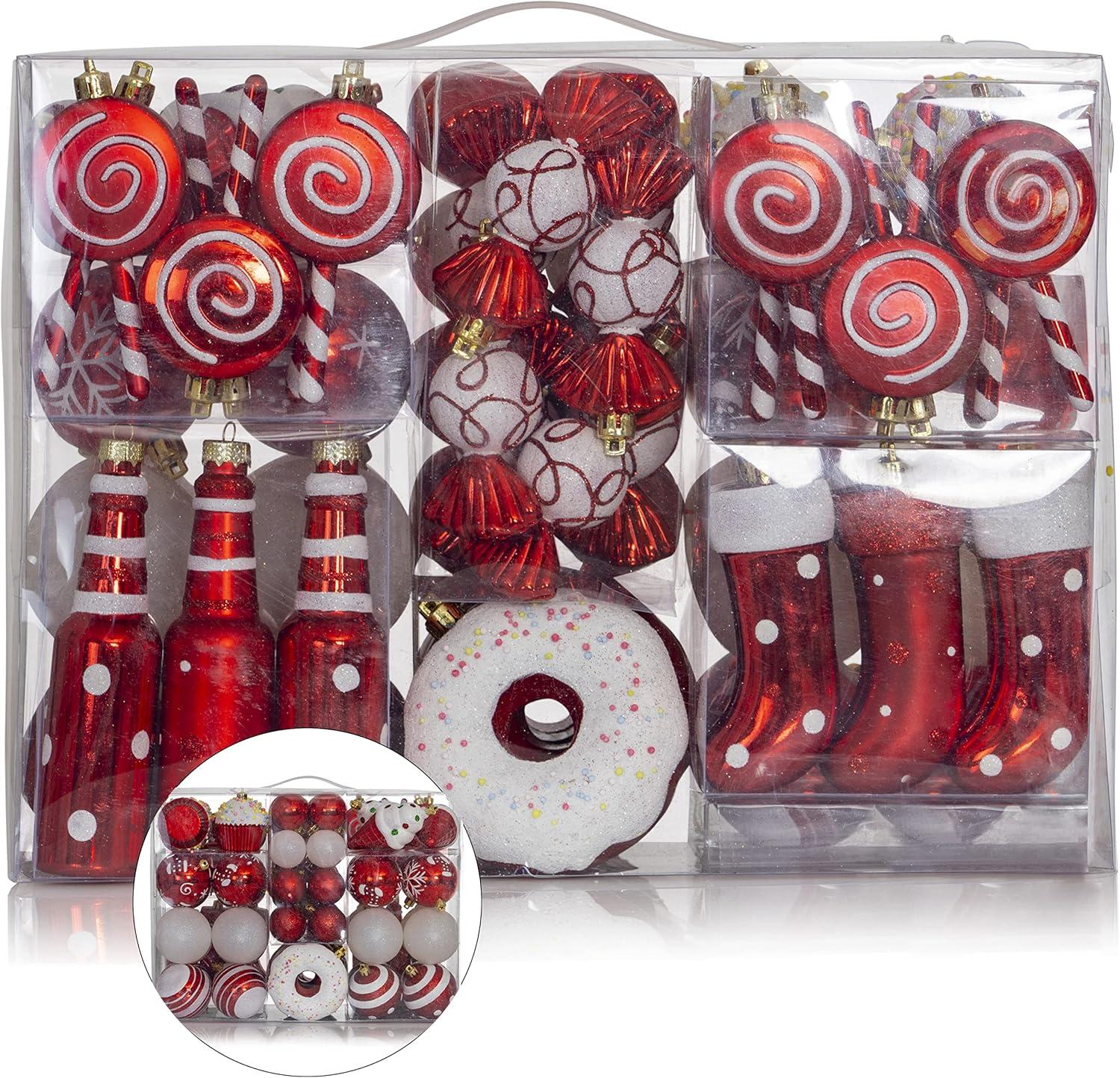 Red and White Shatterproof Plastic Christmas Ornament Set