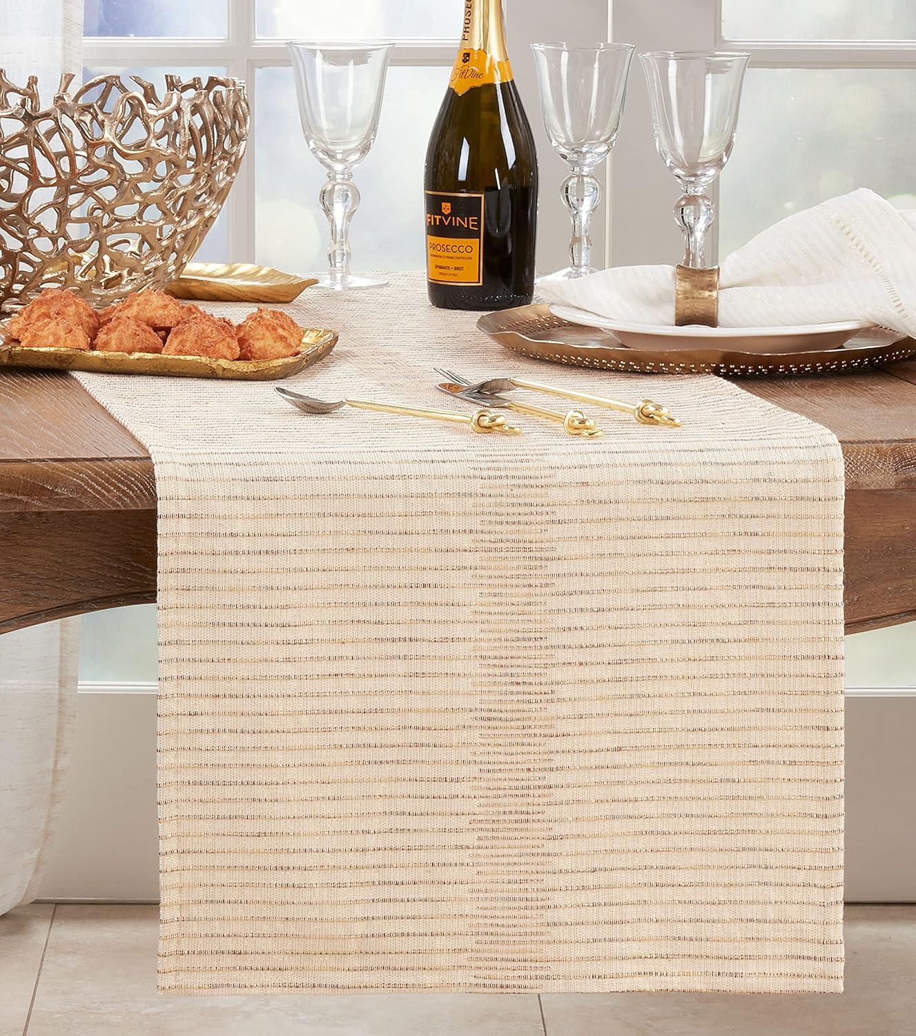 Beige Cotton Shimmering Striped Table Runner, 16" x 72"