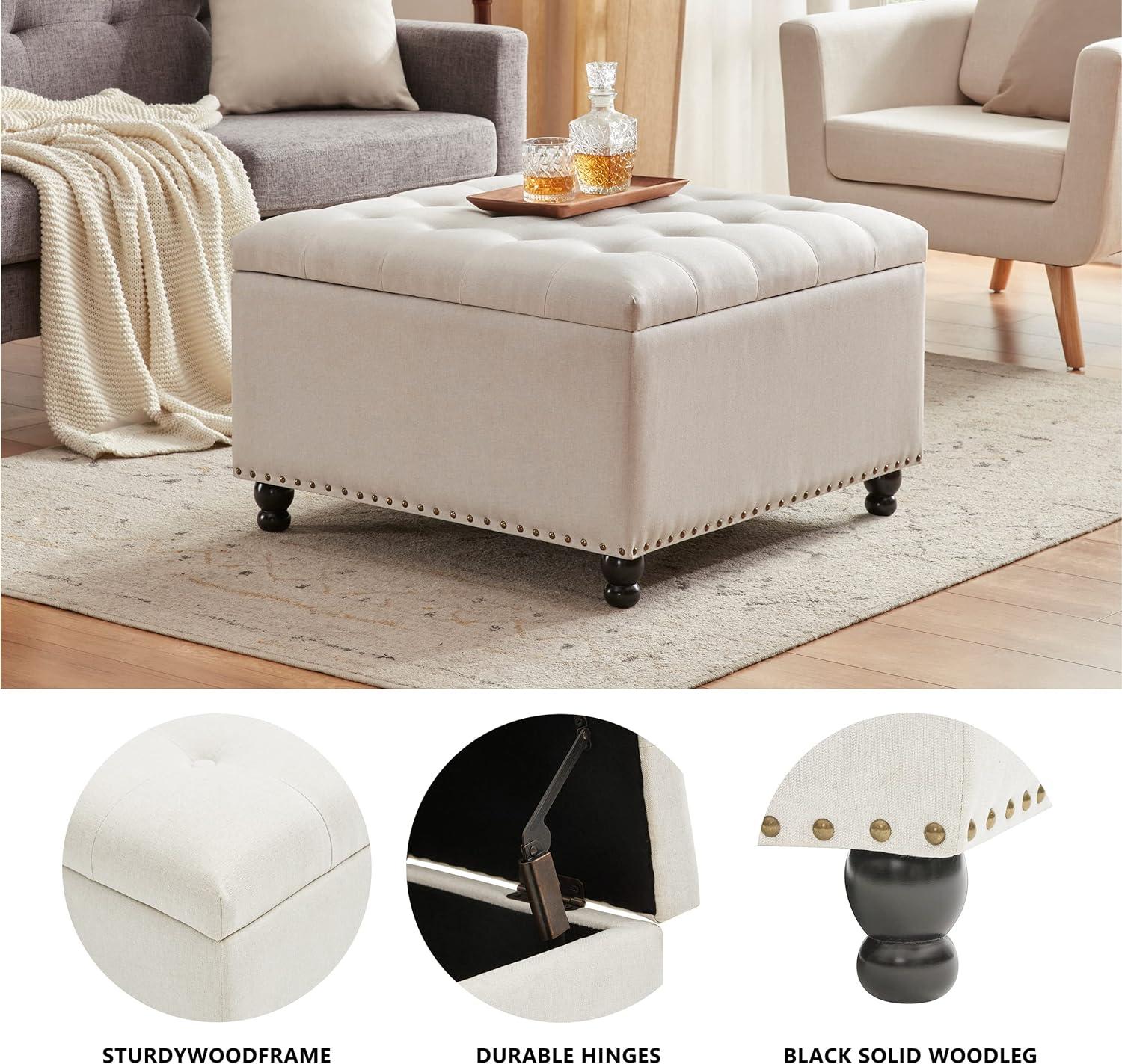 Beige Tufted Upholstered Square Ottoman with Storage