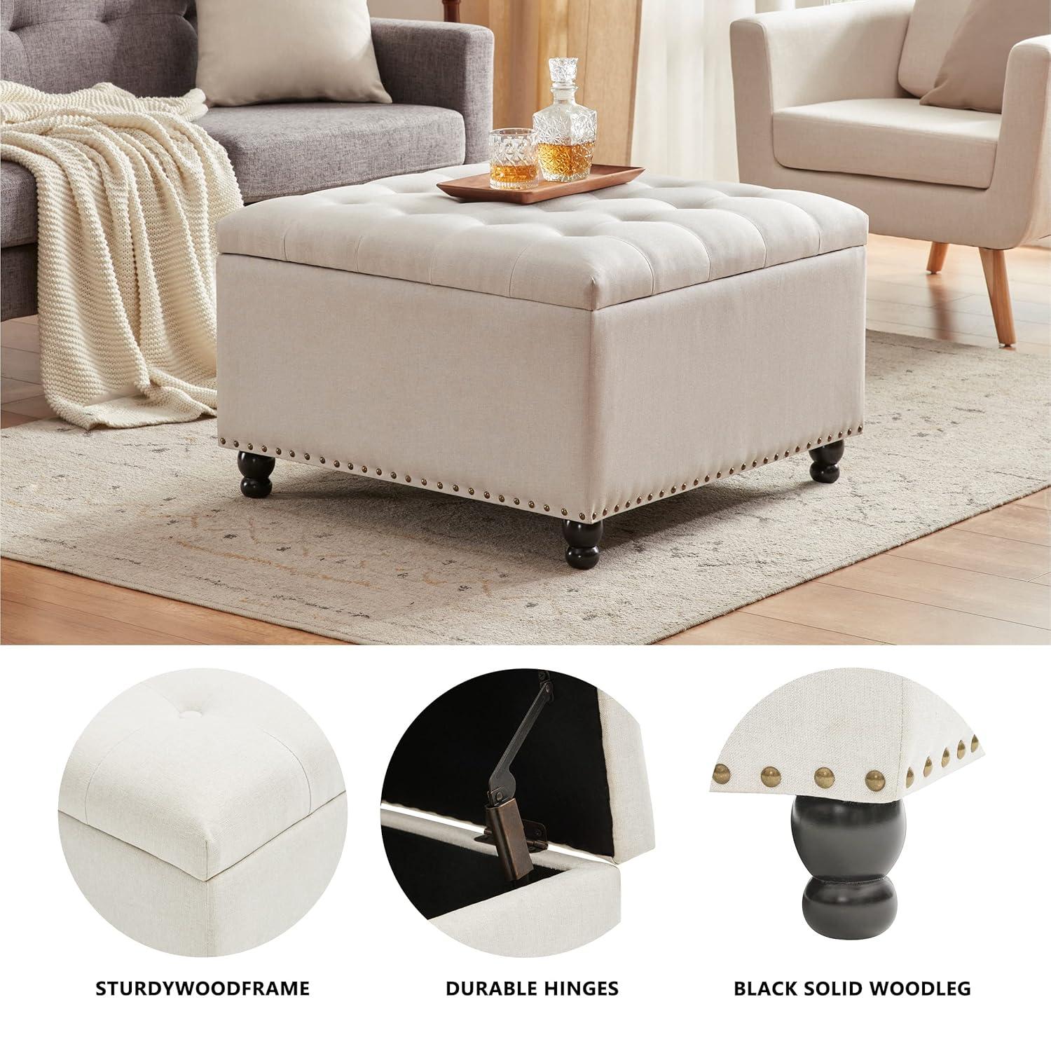 Tbfit Large Square Storage Ottoman Bench, Botton Tufted Upholstered Coffee Table with Wooden Legs, Oversized Storage Ottomans Toy Box Footrest for Living Room, Apartment, Beige