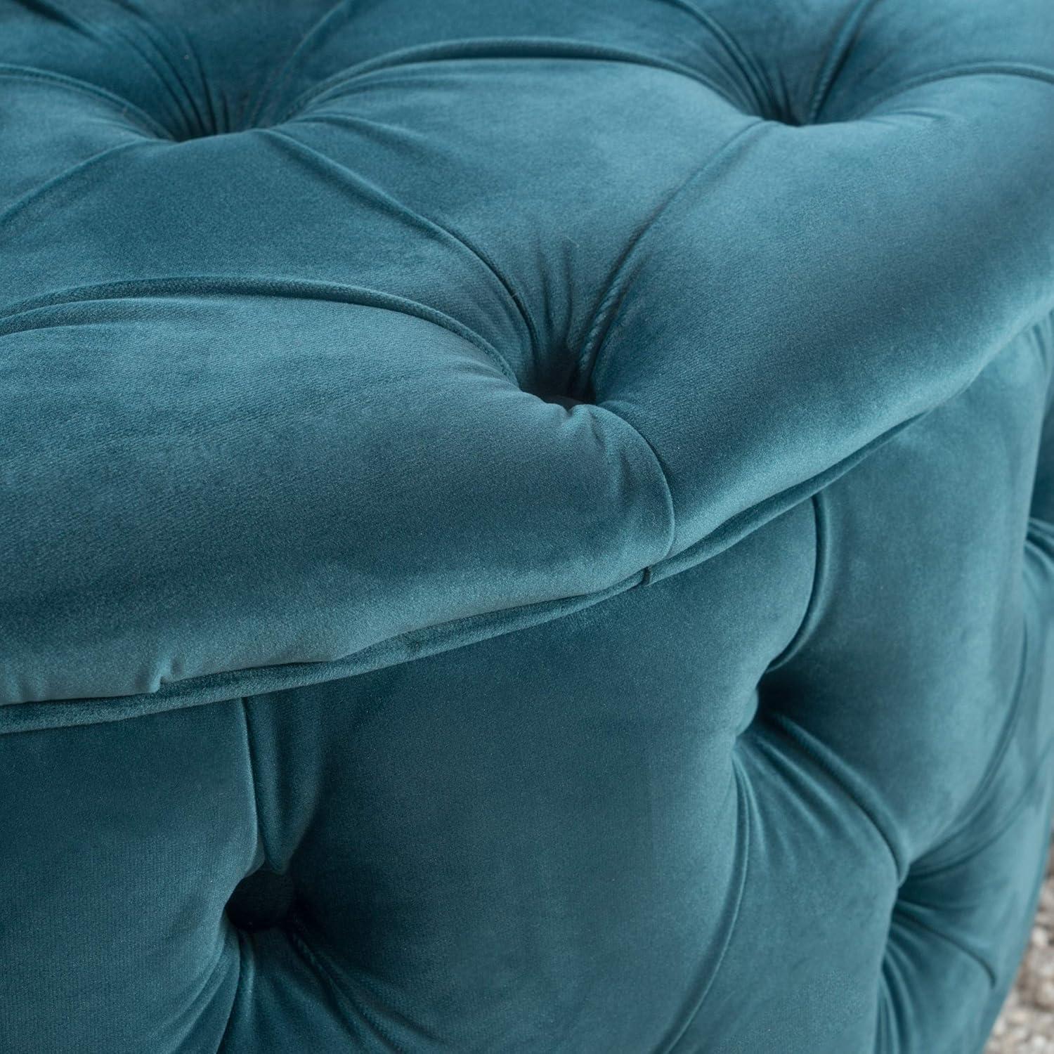 Contemporary Birch and Velvet Round Tufted Ottoman in Teal