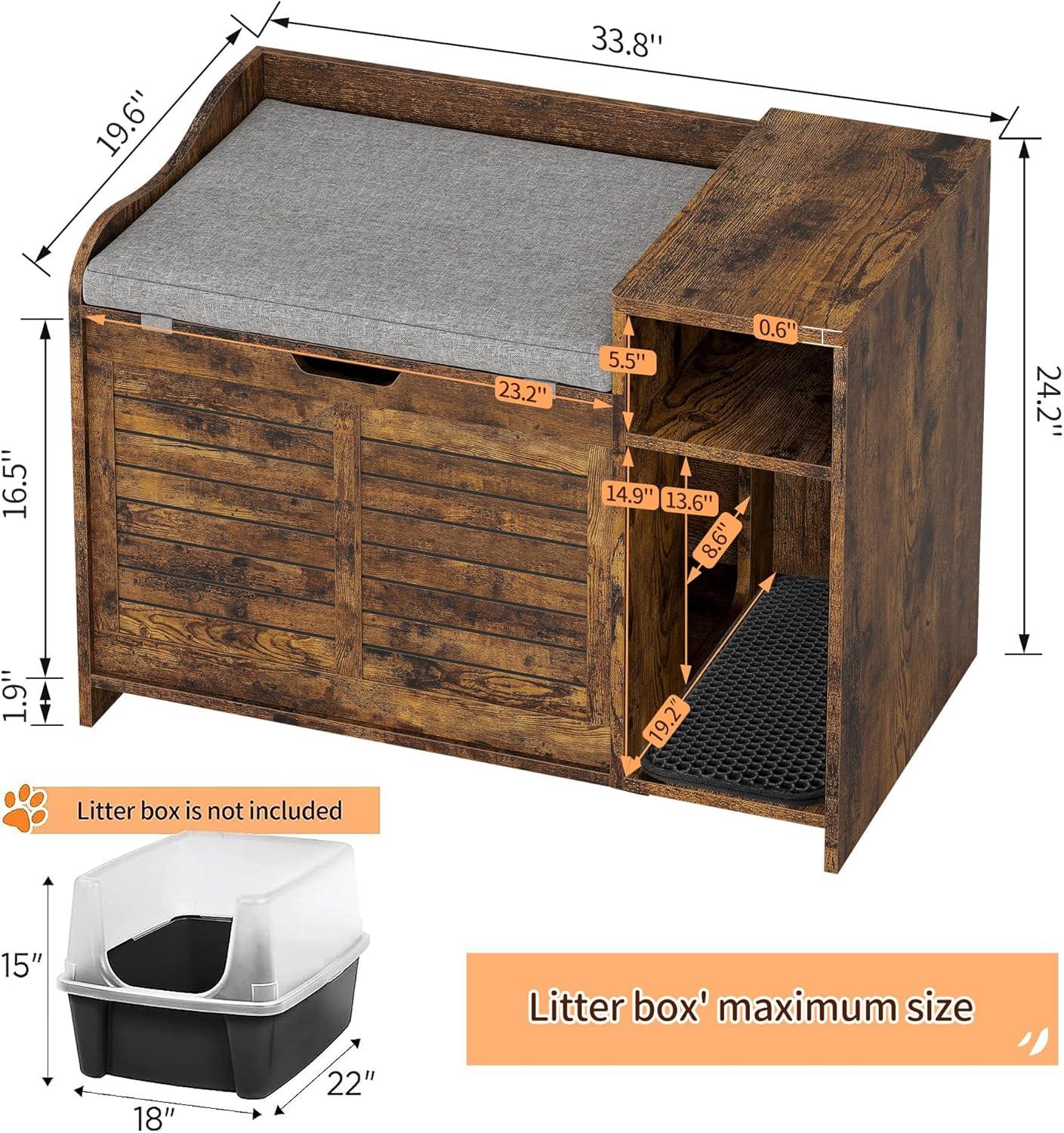 Rustic Brown Fir Wood Cat Litter Box Enclosure with Cushion