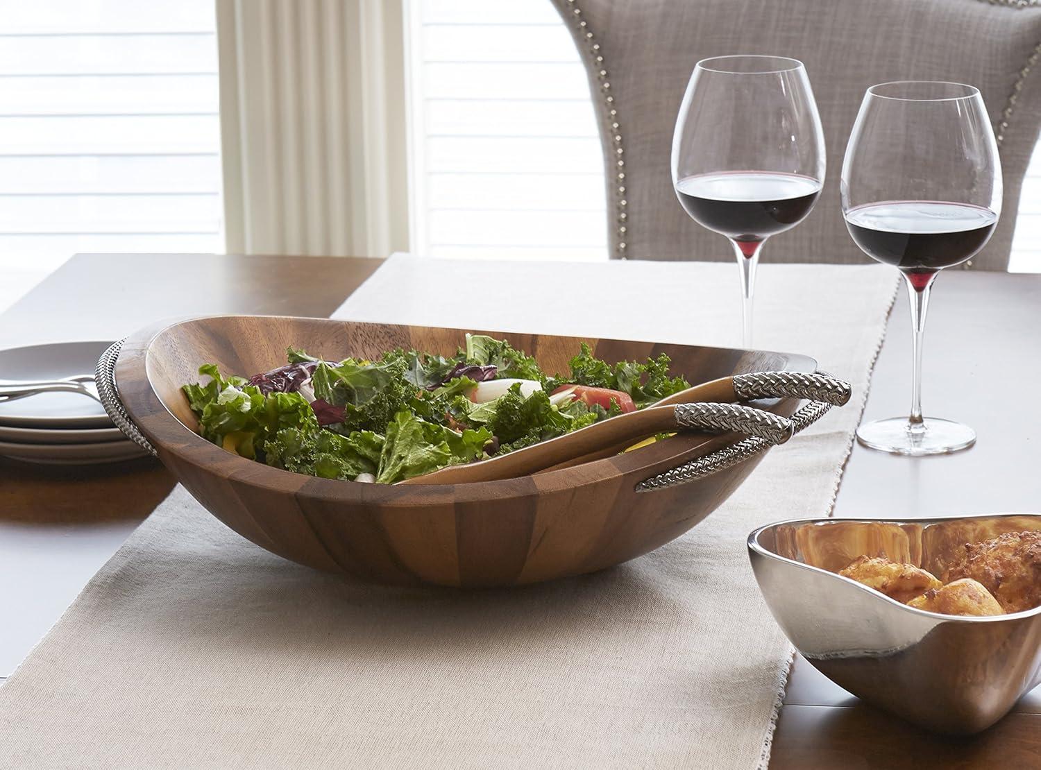 Acacia Wood and Chrome Braid Salad Bowl with Servers