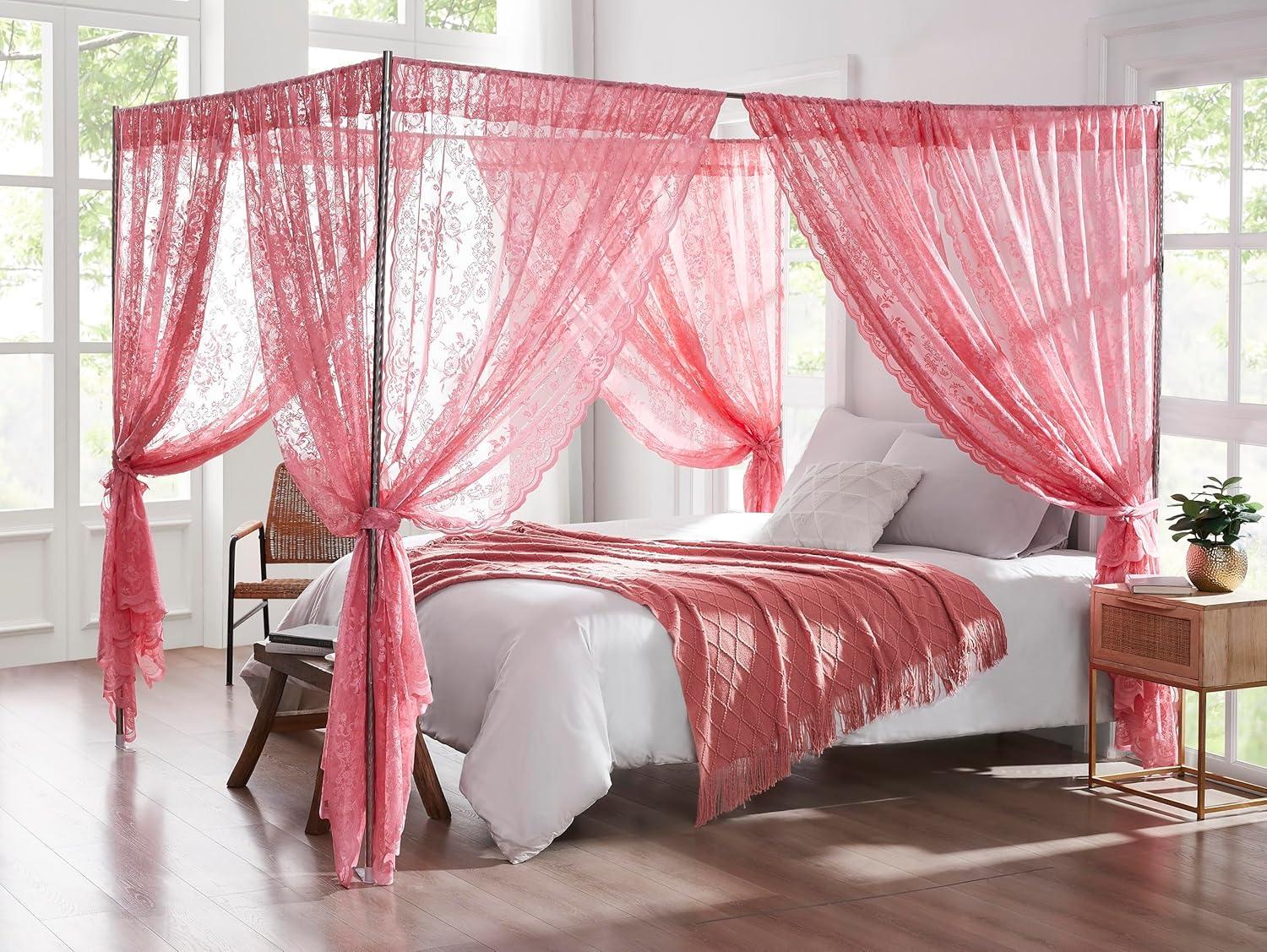 WARM HOME DESIGNS 8 Piece Lace Canopy Bed Curtains Set With Tie-Backs for Queen or King Bed (Set of 8)