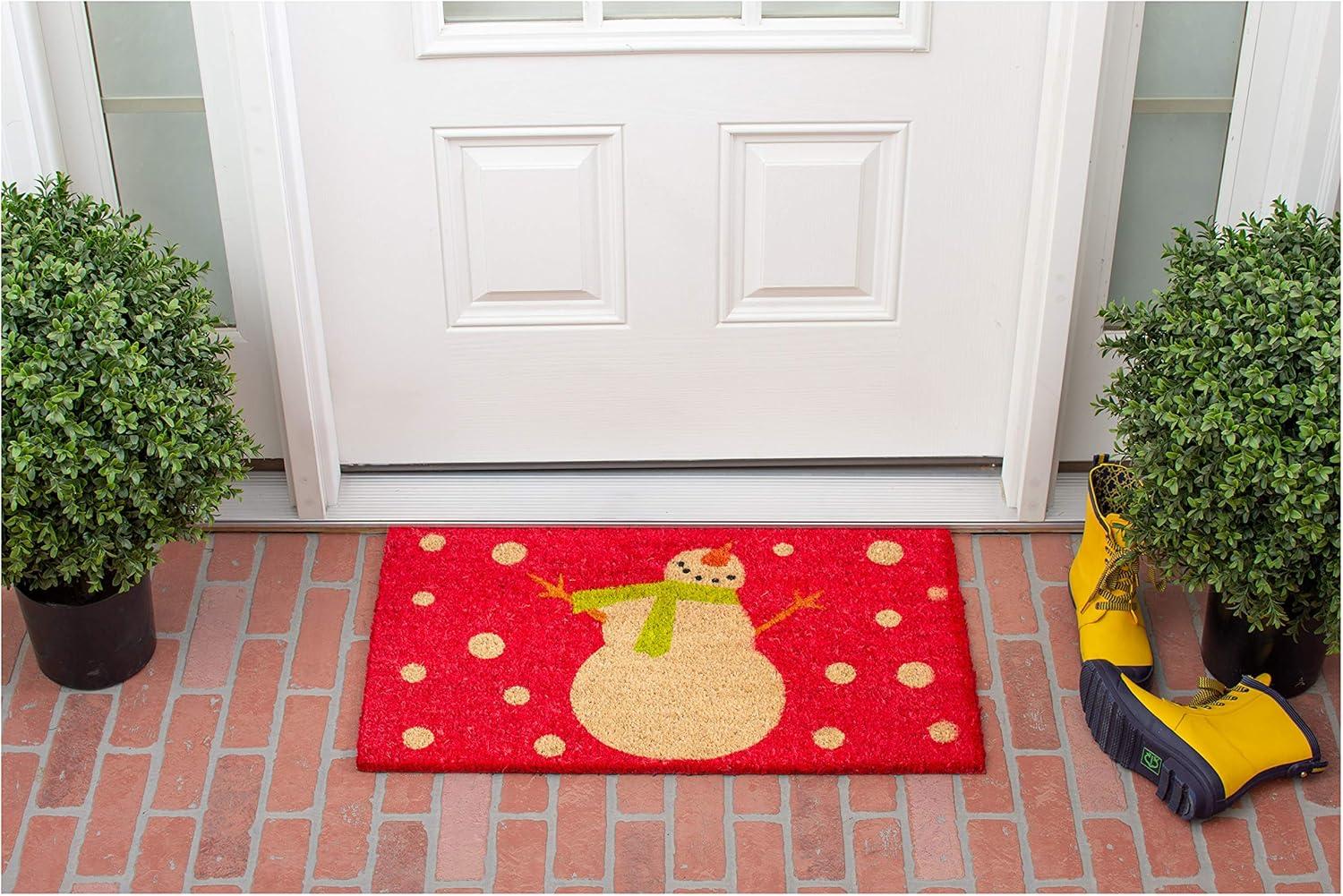 Festive Red and Green Coir Snowman Outdoor Christmas Doormat