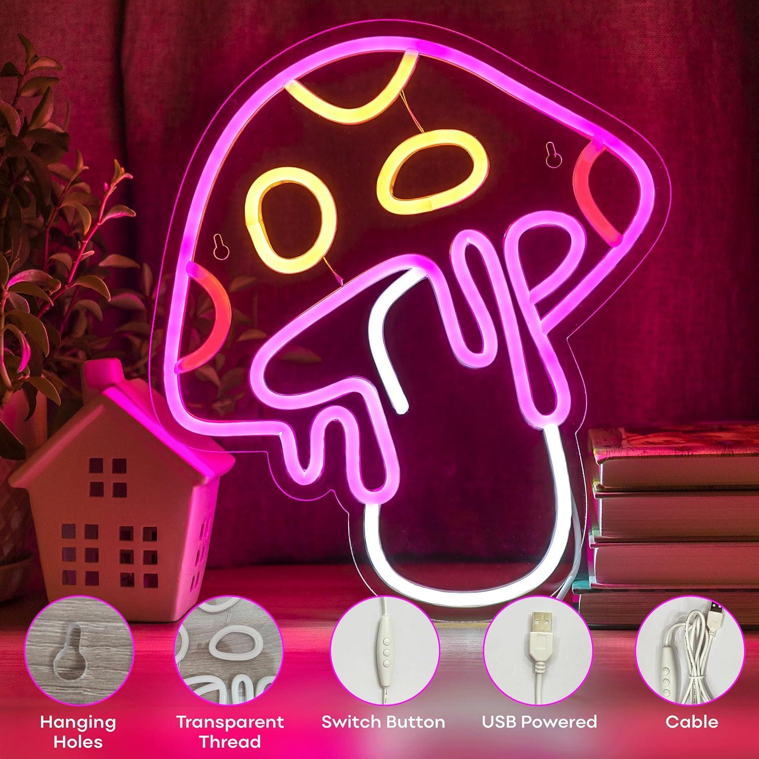 Pink and Yellow Mushroom Neon Wall Light with USB