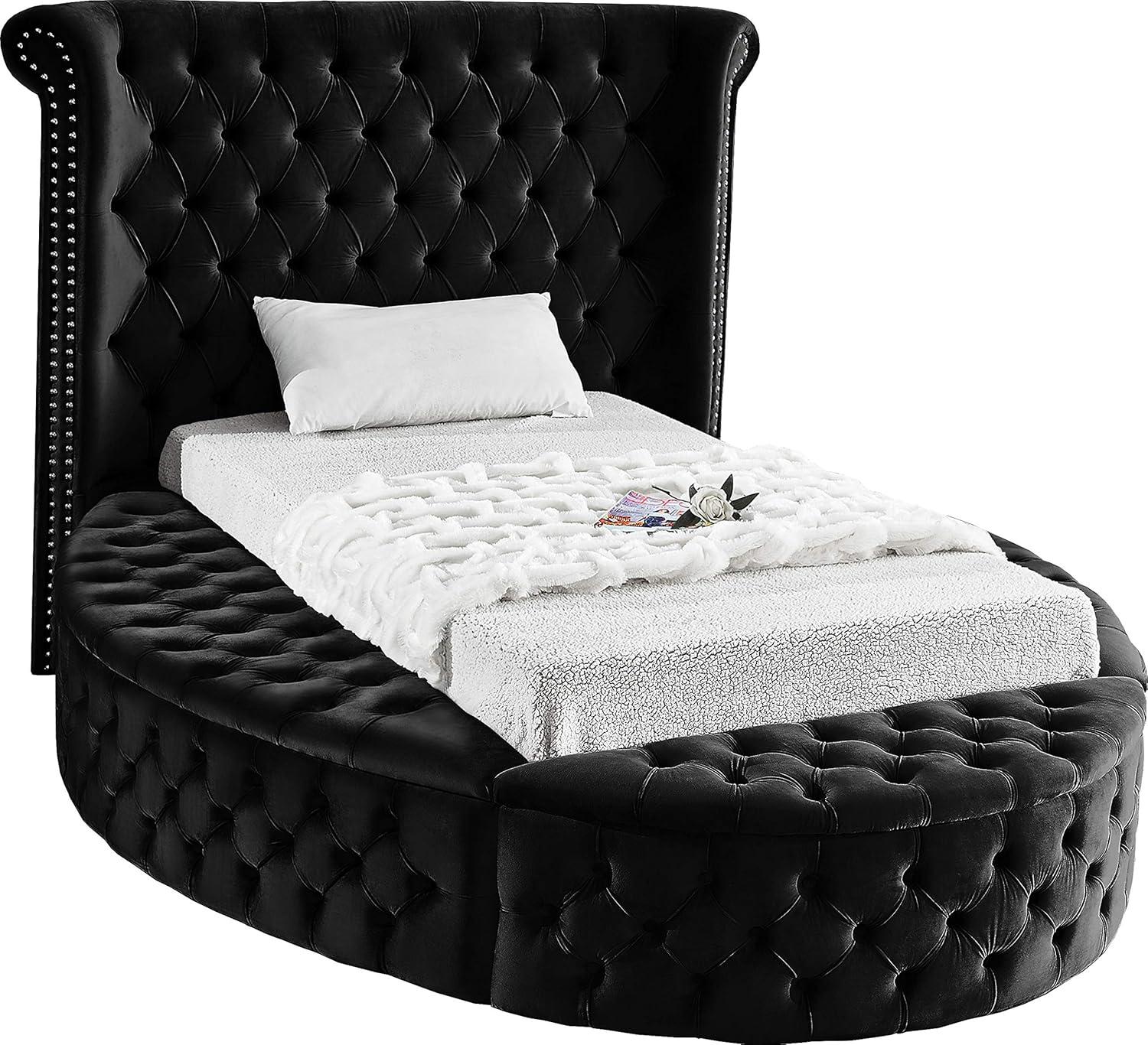 Meridian Furniture Twin Luxus Kids Round Velvet Bed with Storage, Black