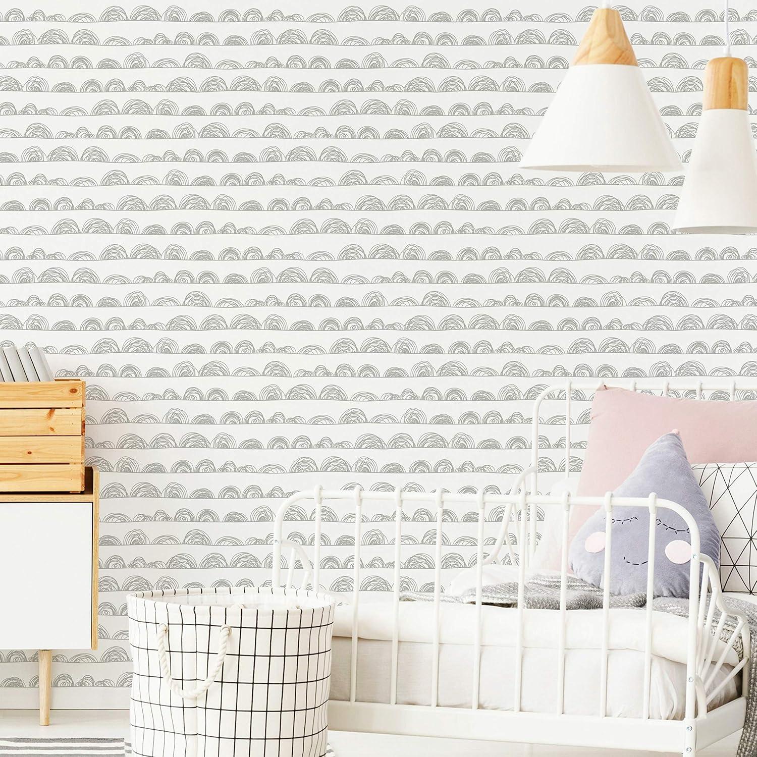 Gray and White Doodle Scallop Peel and Stick Wallpaper Roll