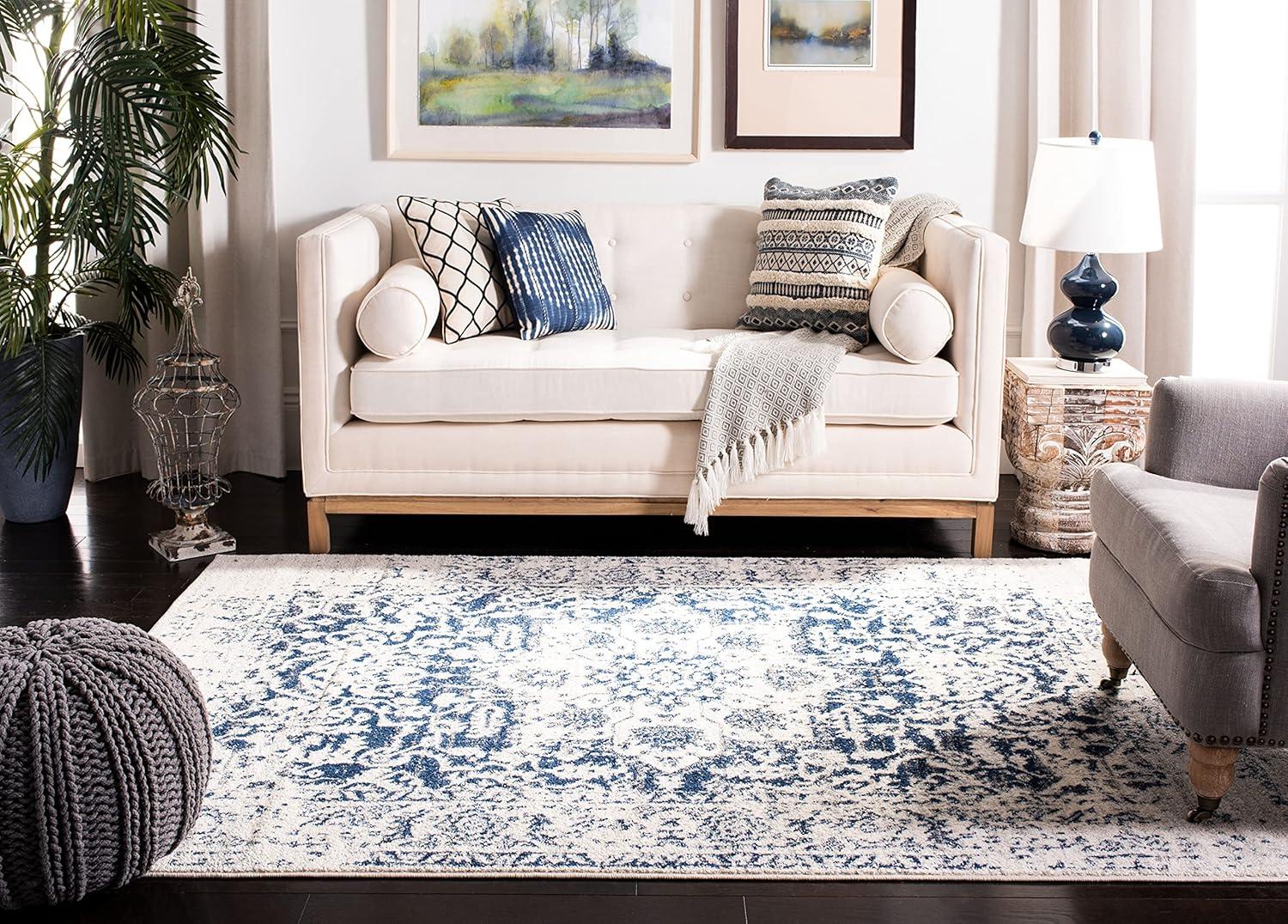 Cream & Navy Rectangular Synthetic Easy-Care Area Rug