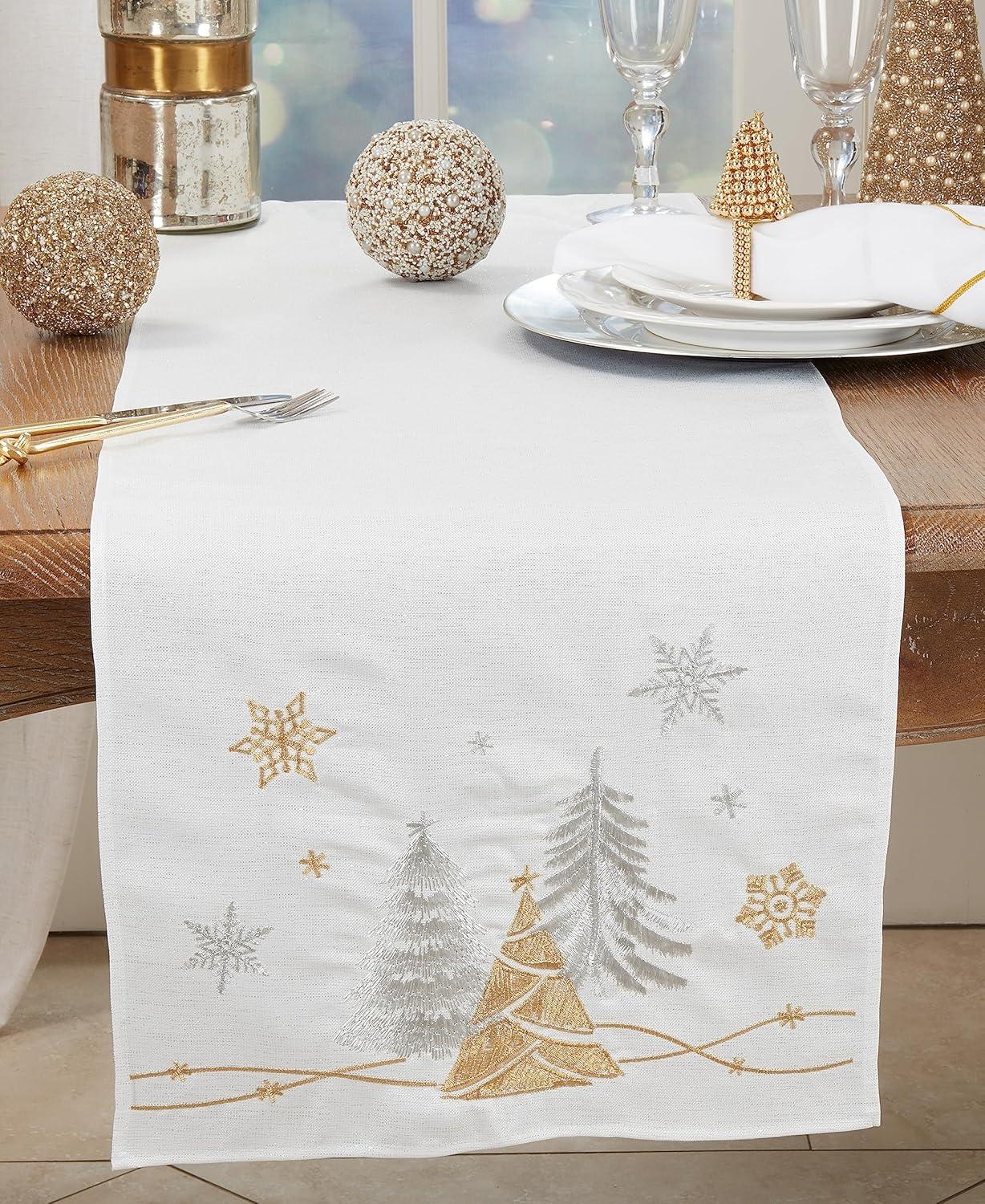 Saro Lifestyle Winter Wonderland Trees and Snowflakes Table Runner, 16"x72", White