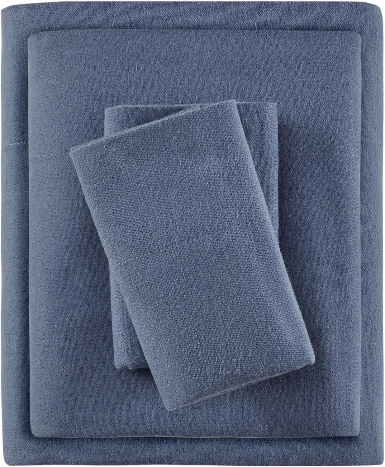 Twin Blue Solid Cotton Flannel Sheet Set