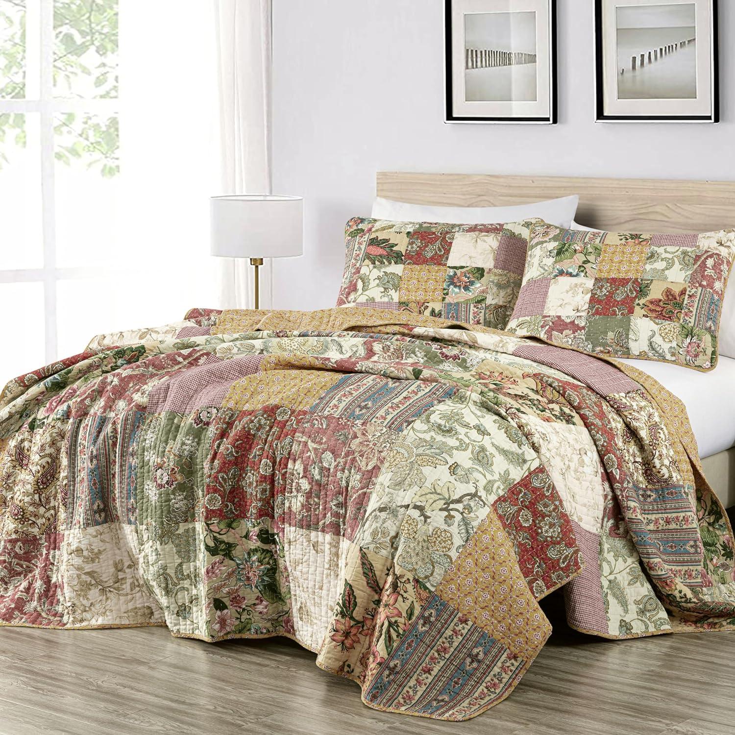 Chezmoi Collection Delaney 3-Piece Floral Patchwork Reversible 100% Cotton Vintage Washed Quilt Set