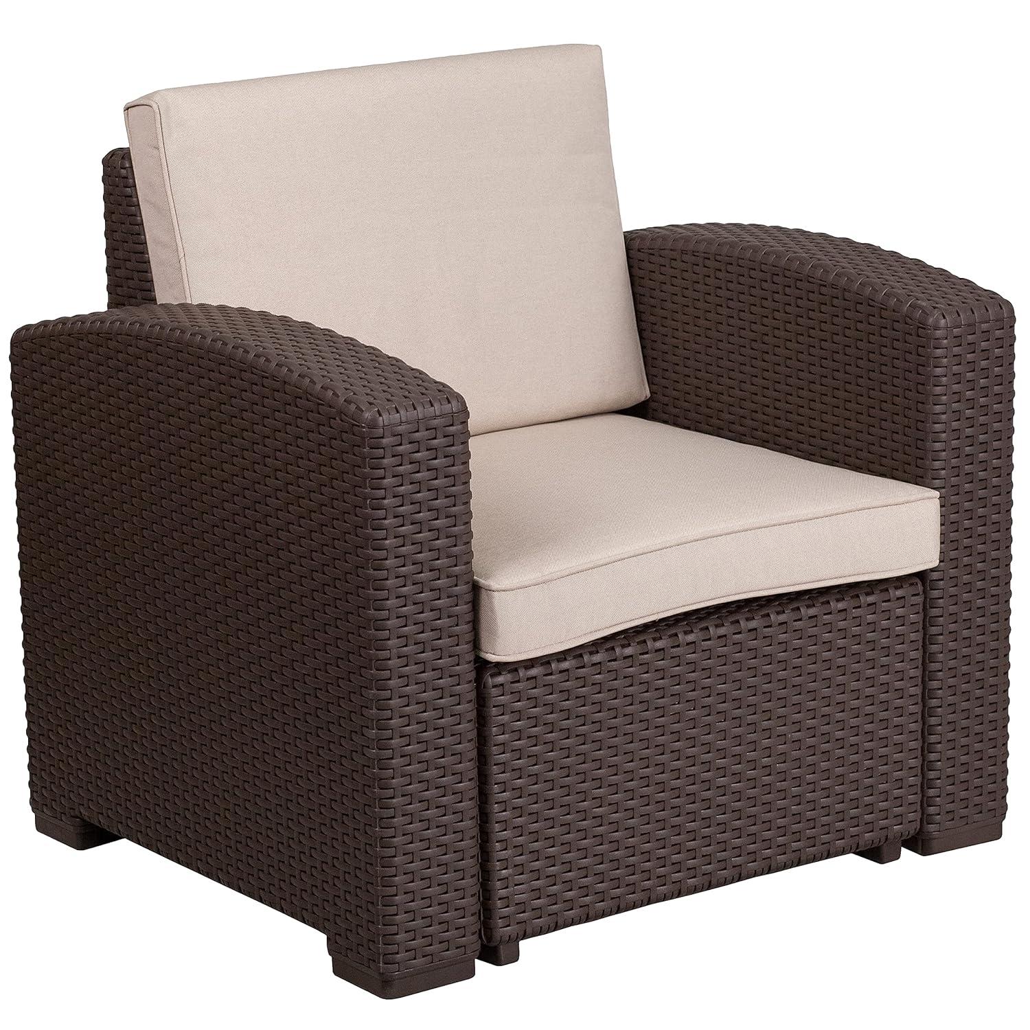 Merrick Lane 4 Piece Dark Gray Faux Rattan Patio Furniture Set with 2 Chairs and Sofa with Removable Light Gray Cushions and Table