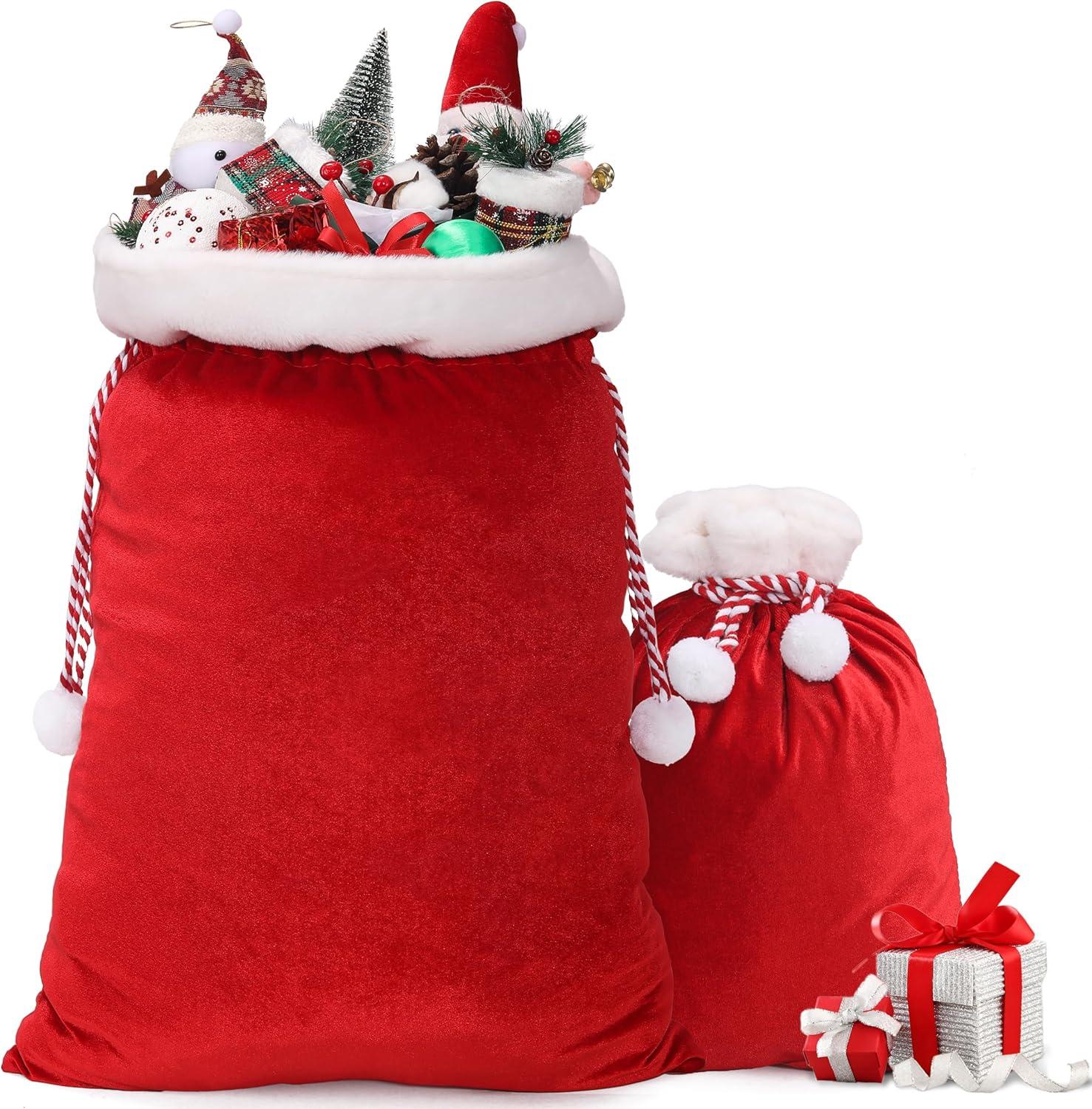 2 Pcs Christmas Velvet Bags with Drawstring Large Plush Santa Sack Christmas Gift Bags in 2 Size for Xmas Package Storage Bags