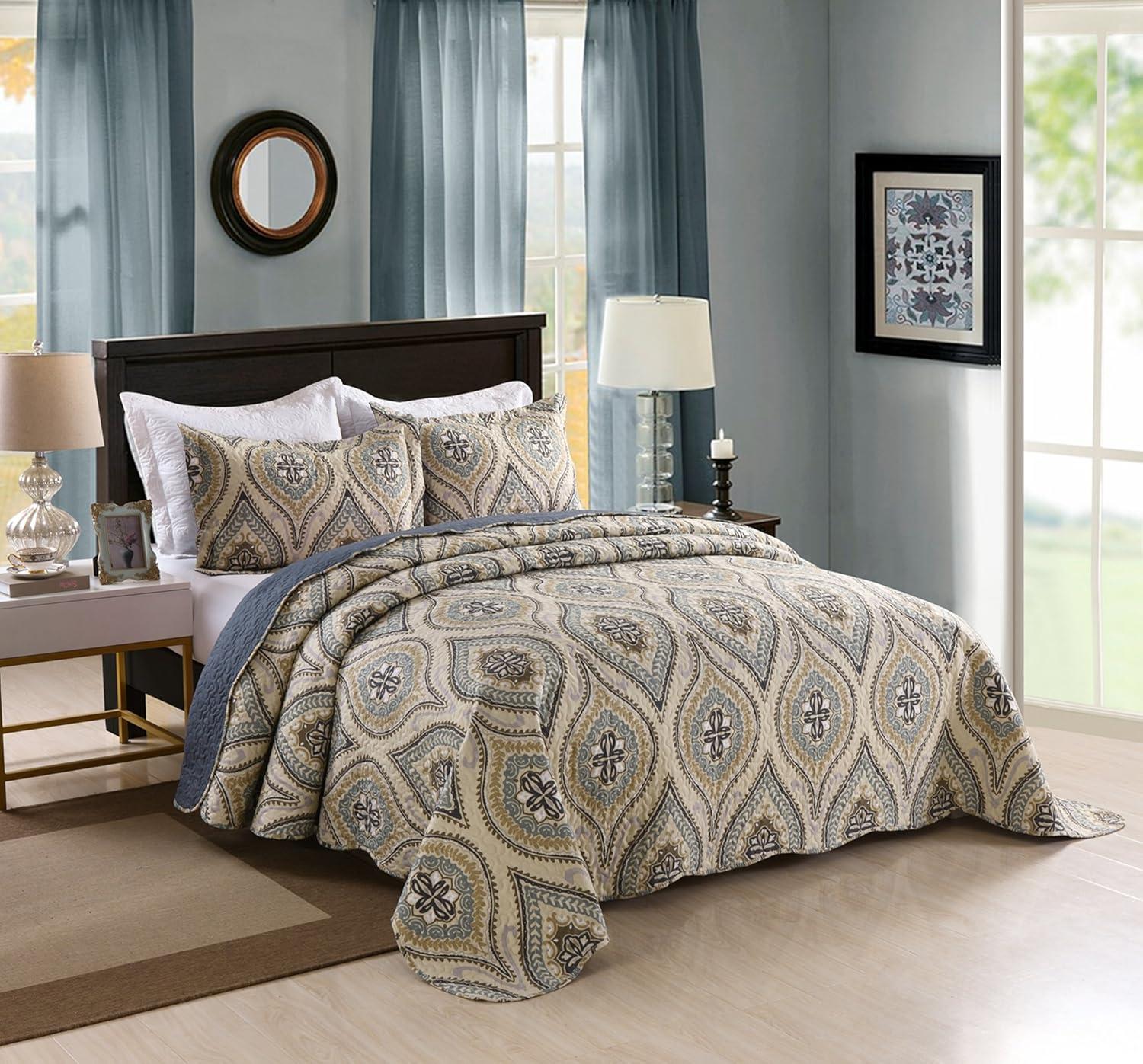 MarCielo 3 Piezas Edredón Ligero Rey, Edredón Impreso, Edredón Conjunto Ropa de Cama Manta Manta Coverlet Ligero Colcha Conjunto, Amarillo + Gris Oscuro, Tamaño King, Joni
