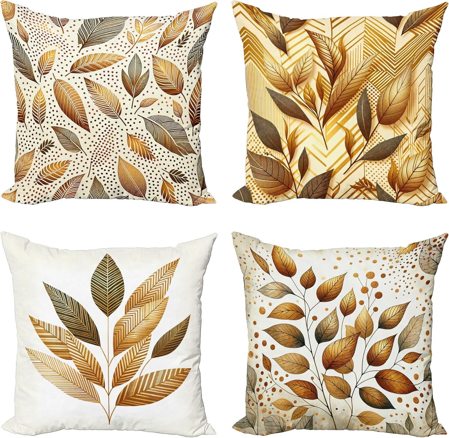 Ambesonne Leaf Print Throw Pillow Cover 4 Pack, Branches in Fall Colors, 16", Ginger Brown and Cream