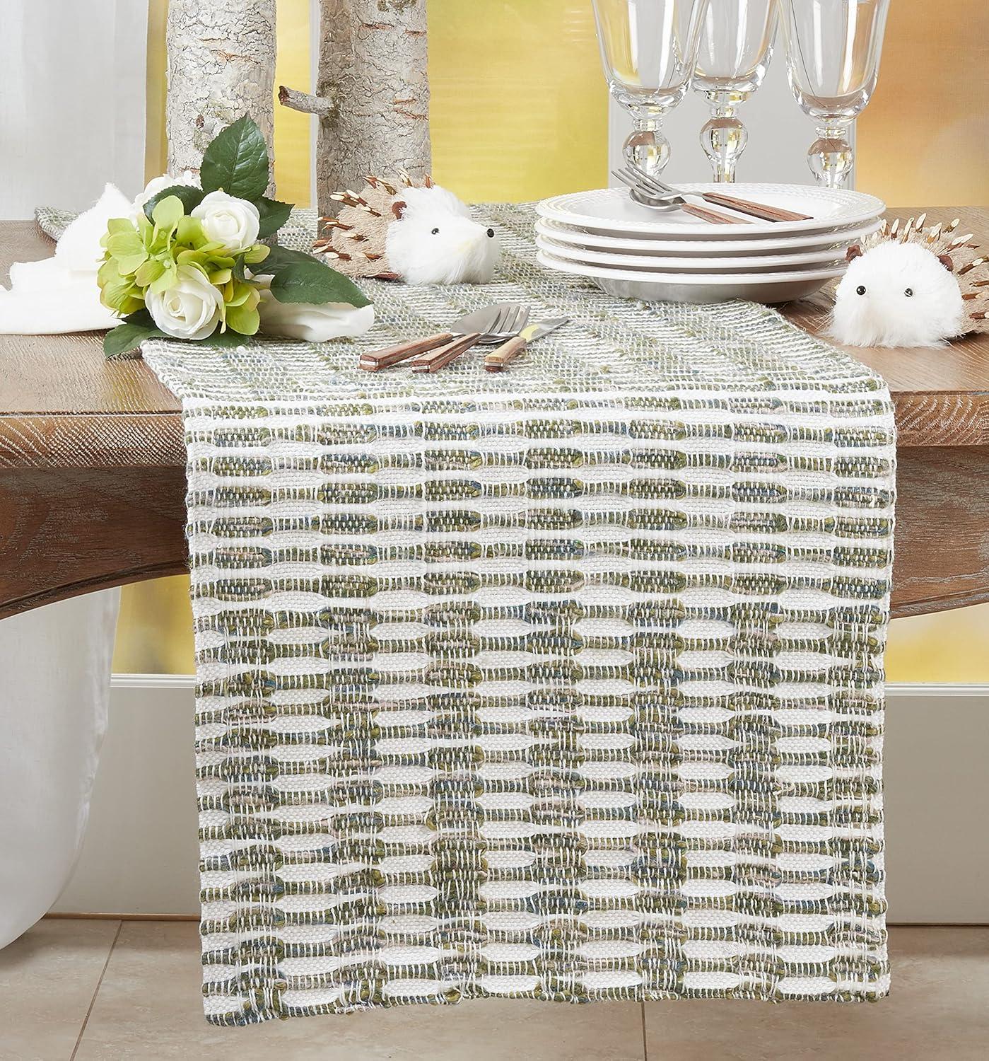 Green and White Woven Cotton Table Runner, 16" x 72"