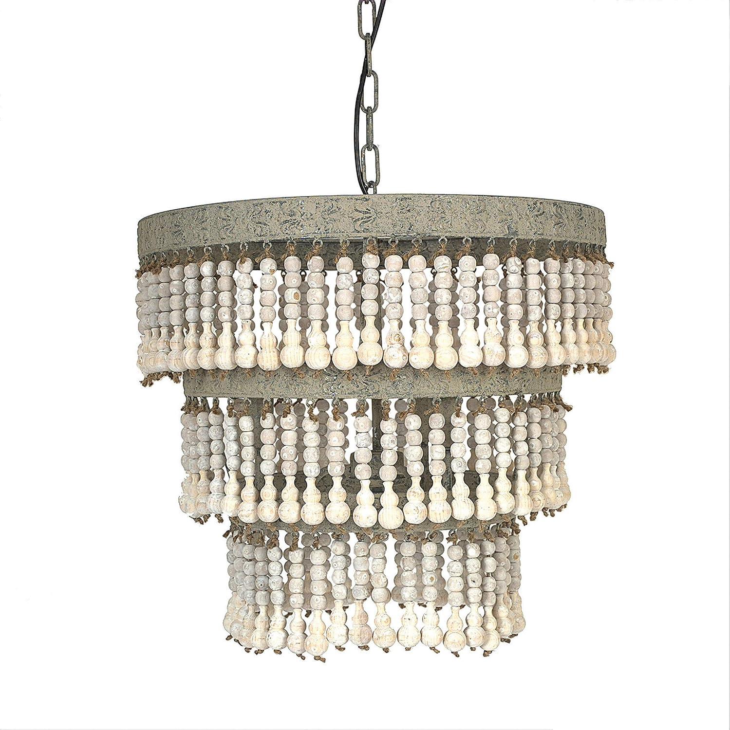 3-Tier Round Metal Chandelier with 3 Lights and Hanging Wood Beads Cream - Storied Home: Antique Bohemian Ceiling Fixture, UL Listed