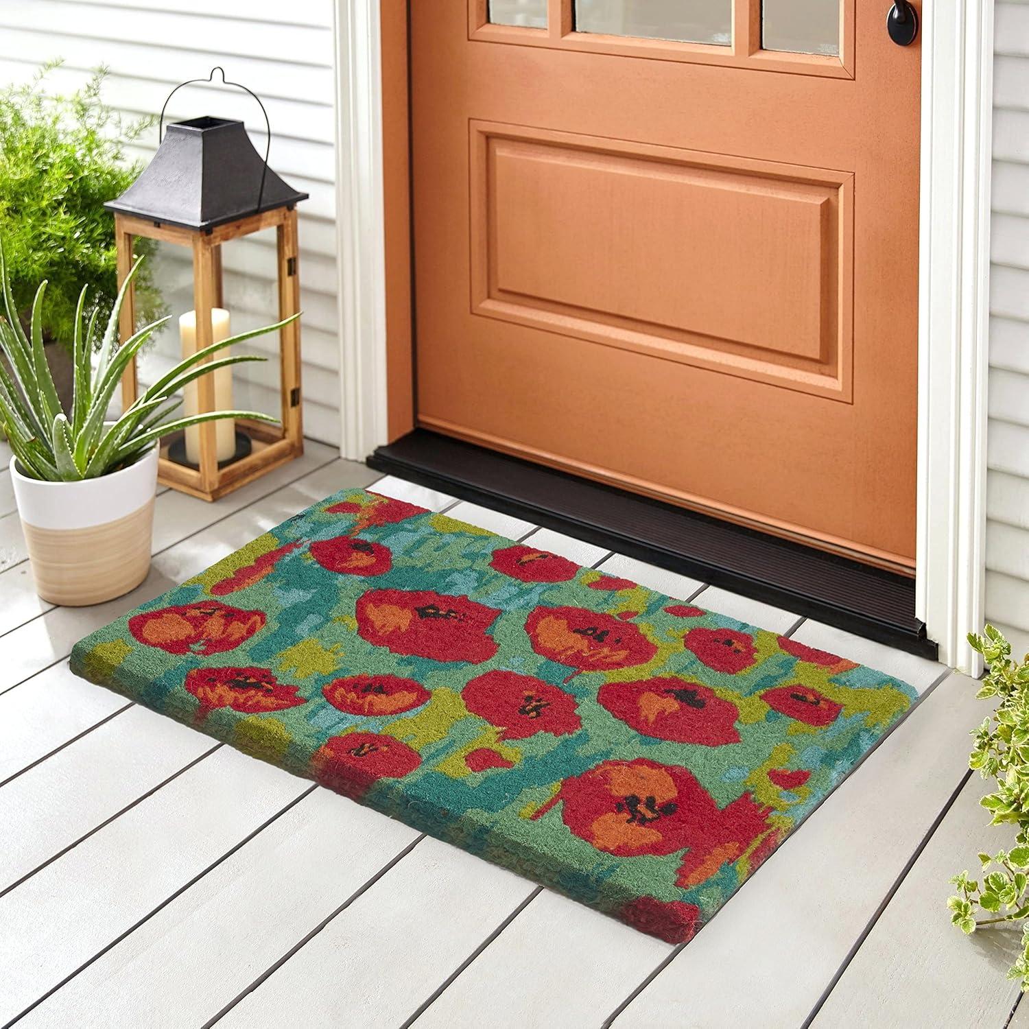 FH Home Floral Extra Thick Doormat - Handwoven, Durable - Natural Coir - Entryway, Front Door, Porch, Patio - Field of Poppies Red (18" x 30" Thick)