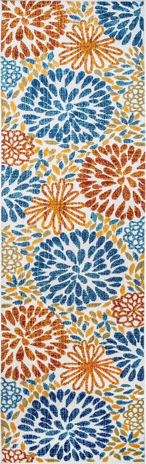 Blue Floral Synthetic Easy Care Runner Rug