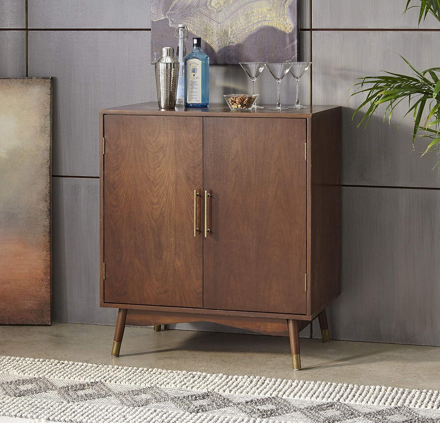 Killian Walnut Mid-Century Modern Bar Cabinet with Brass Accents