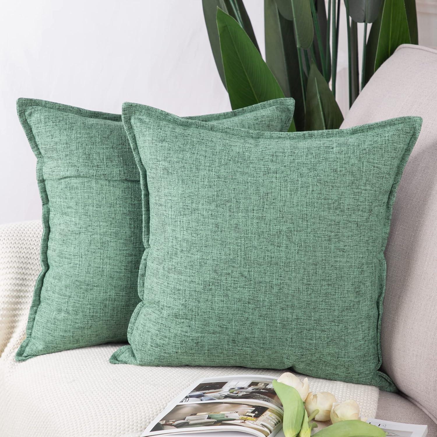 Xukmct 2 Pack Linen Square Pillow Cover with Zipper, Solid Color Decorative Cushion Case for Couch Patio Sofa, 18 x 18 inch, Green