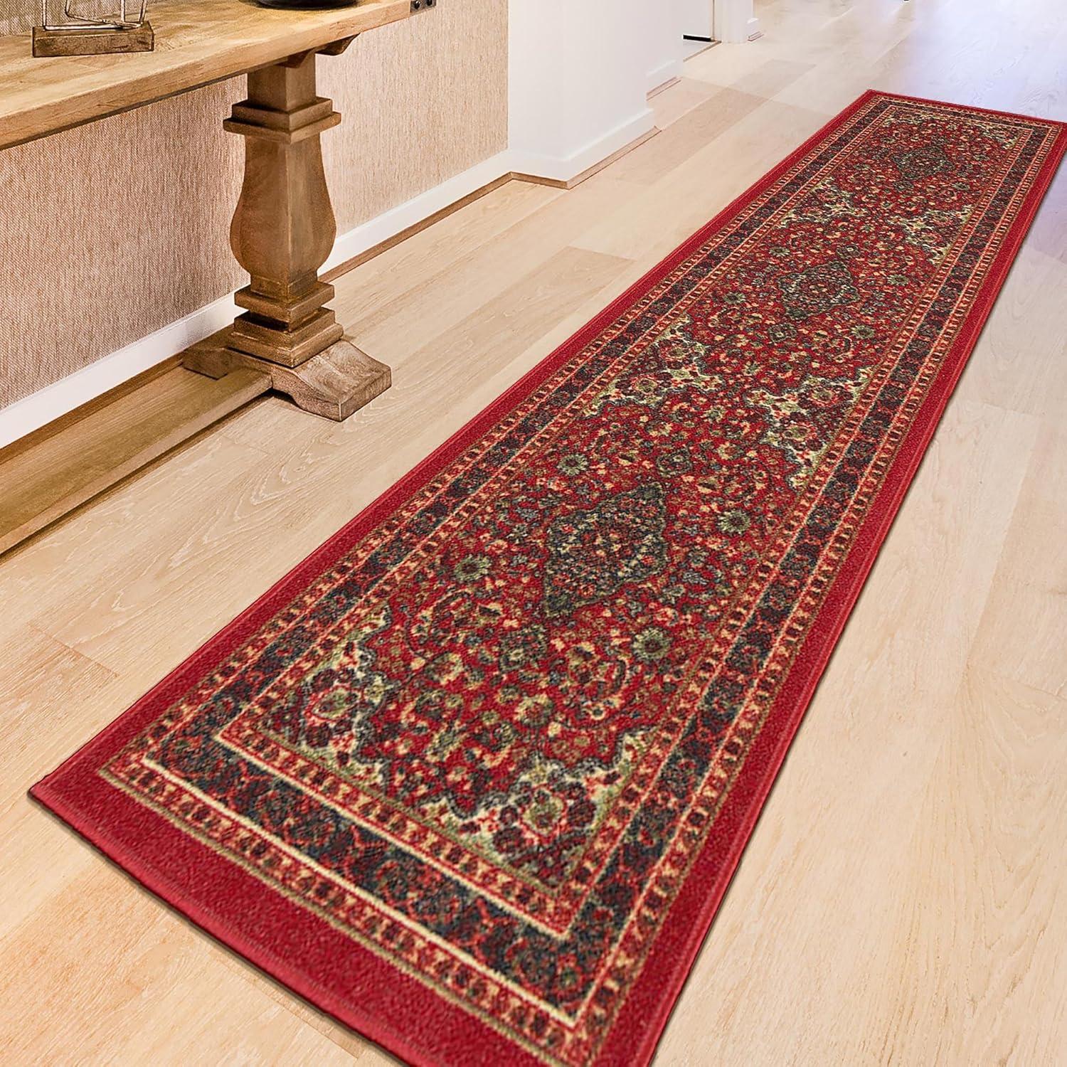 Ottohome Non-Slip Medallion Oriental Area Rug For Living Room, Hallway, Entryway Rug, Dark Red