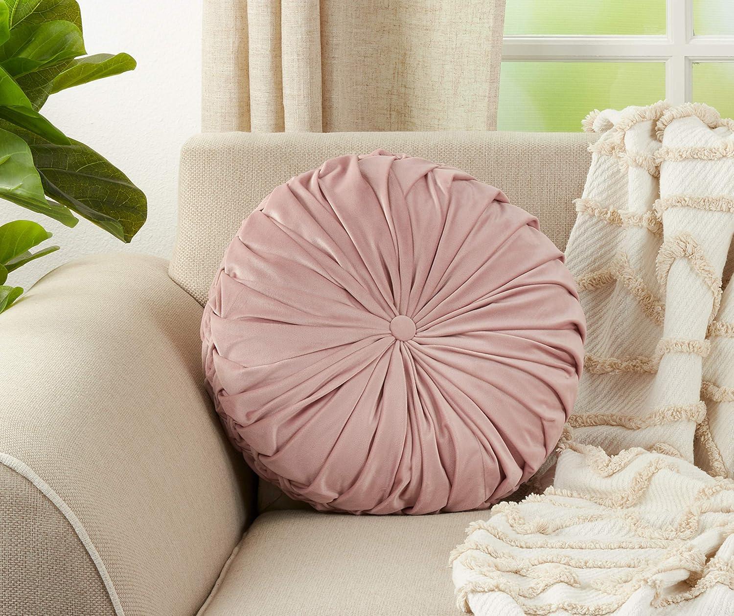 14" Velvet Pintucked Poly Filled Round Throw Pillow - Saro Lifestyle