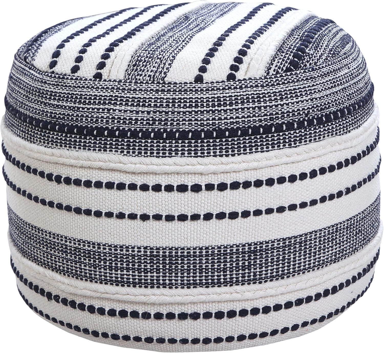 LR Home Small Braided Striped Indoor Round Pouf, Navy/Ivory, 18" x 18" x 14"