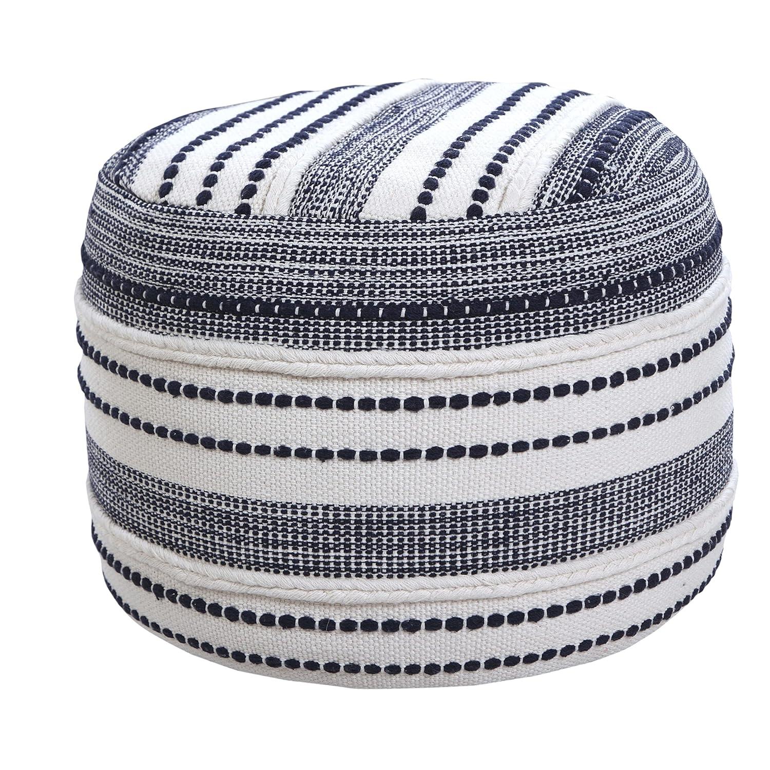 LR Home Fred Round Navy/White Striped Indoor Pouf Ottoman, 14"H x 18"W