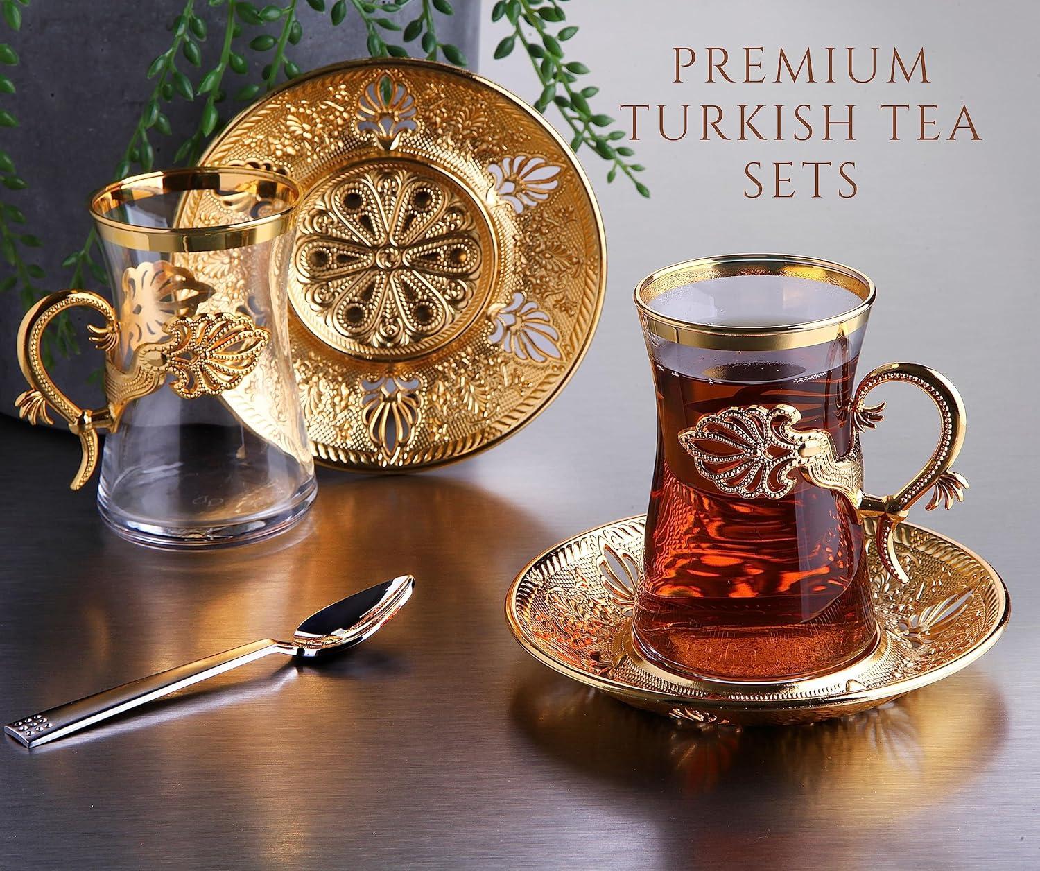 Sefa Turkish Tea Glass Set of 6 | Turkish Tea Glasses with Holders | Turkish Tea Glasses with Saucers | Turkish Tea Cups, Gold, 5 oz