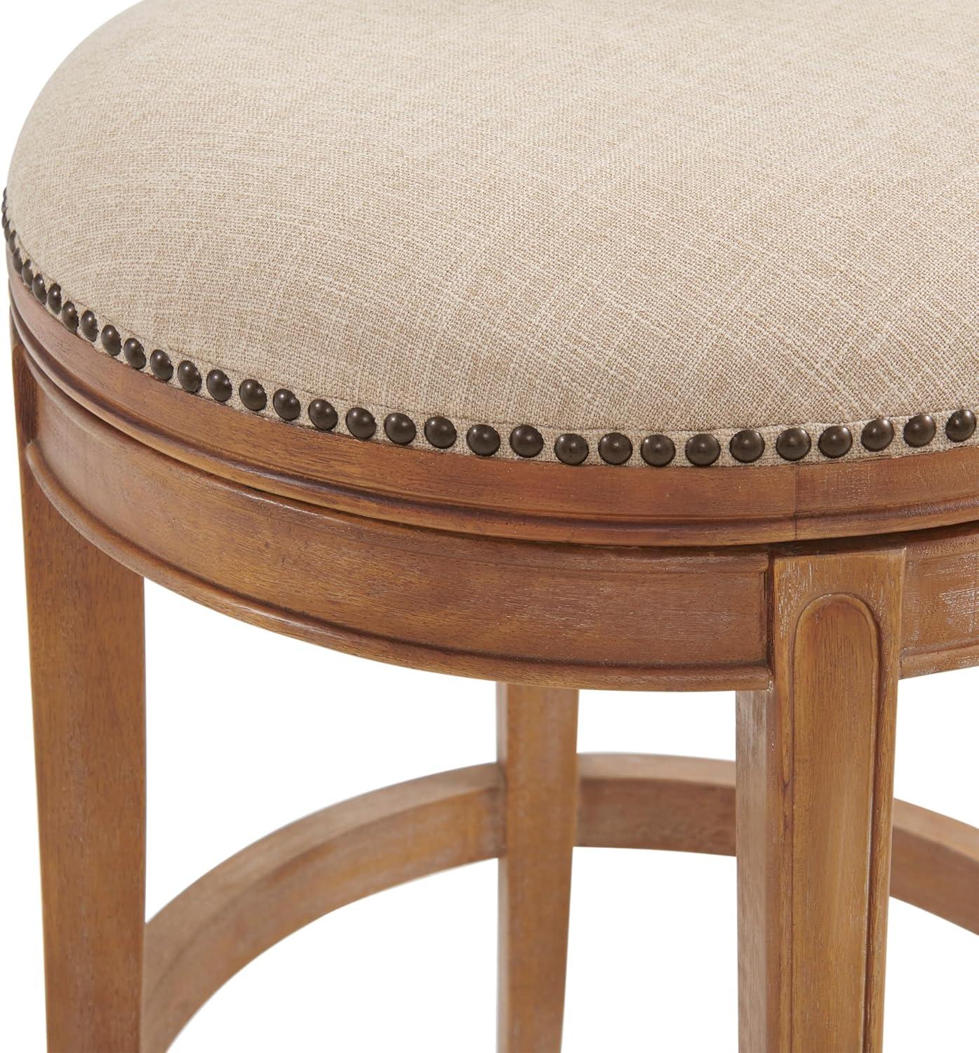 Alaterre Hanover Swivel Bar Height Stool, Weathered Brown and Beige, Solid Rubberwood Frame with Faux Linen Upholstered Seat, Nailhead Trim, Memory Return Swivel, 20 in. W x 22 in. D x 41 in. H