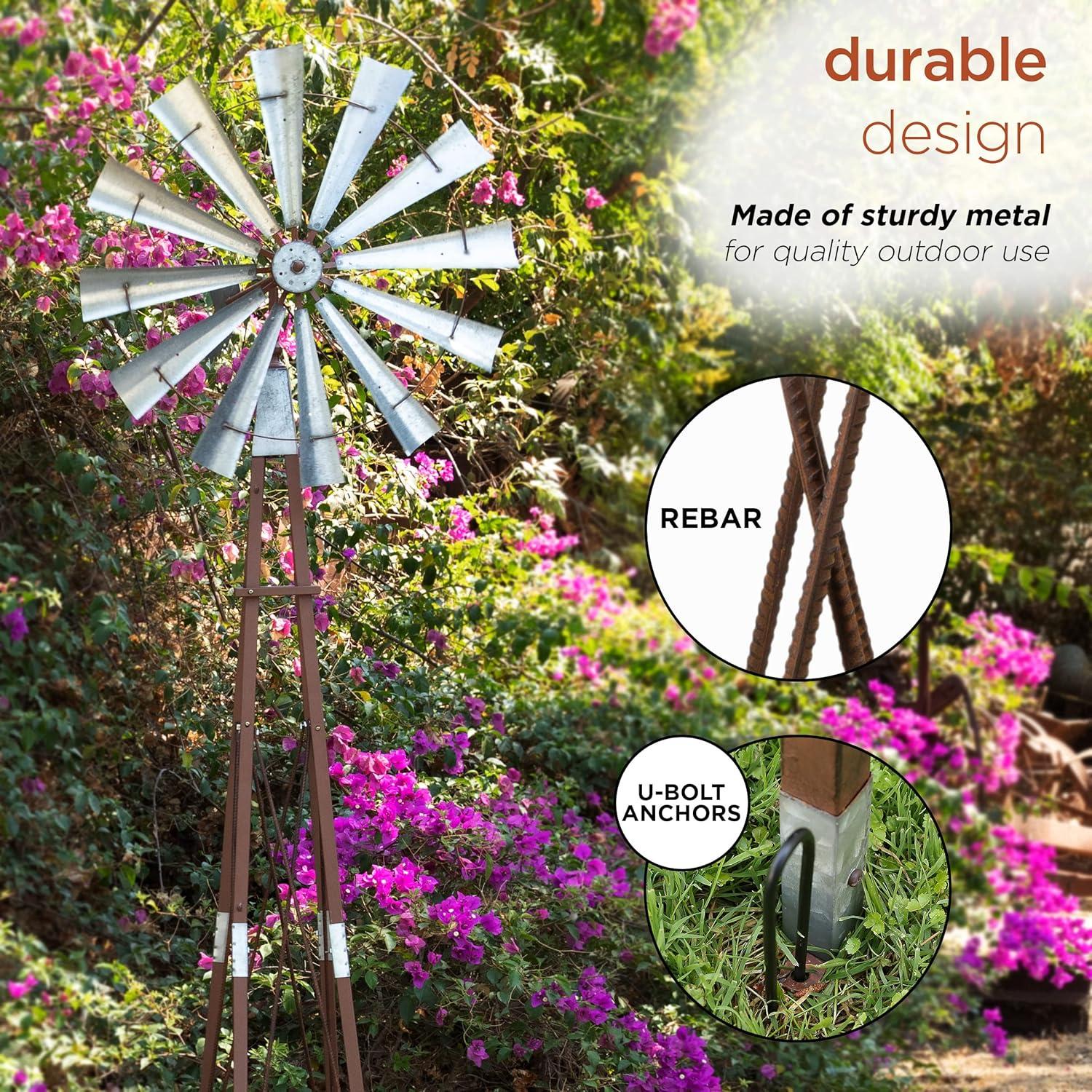 Tall Rustic Bronze and Silver Metal Garden Windmill