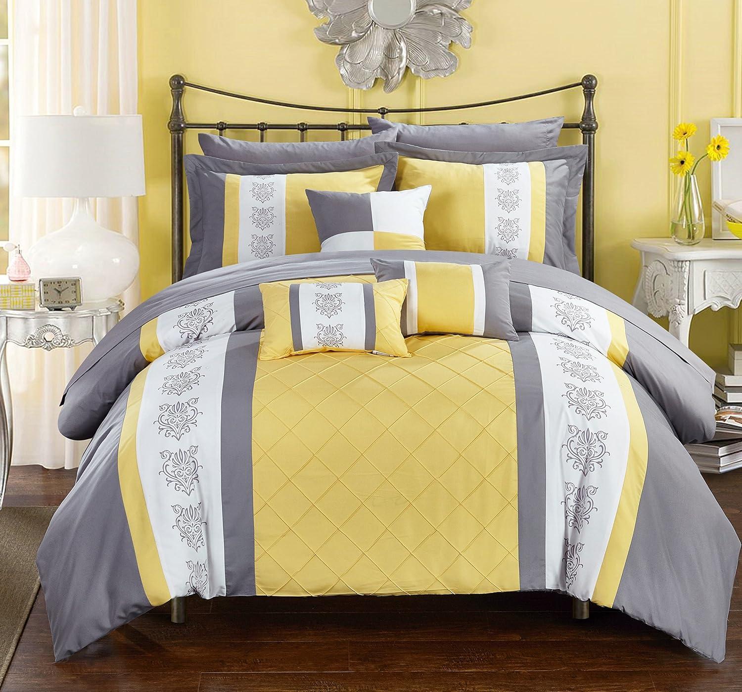 Chic Home 8/10 Piece Adam Pintuck Pieced Color Block Embroidery Bed In a Bag Comforter Set With sheet set