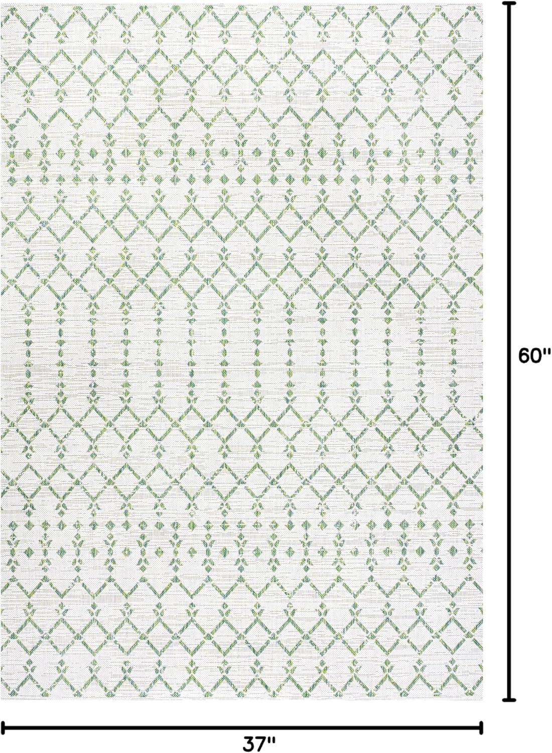 3' x 5' Ourika Moroccan Geometric Textured Weave Indoor/Outdoor Area Rug, Green/Ivory - JONATHAN Y