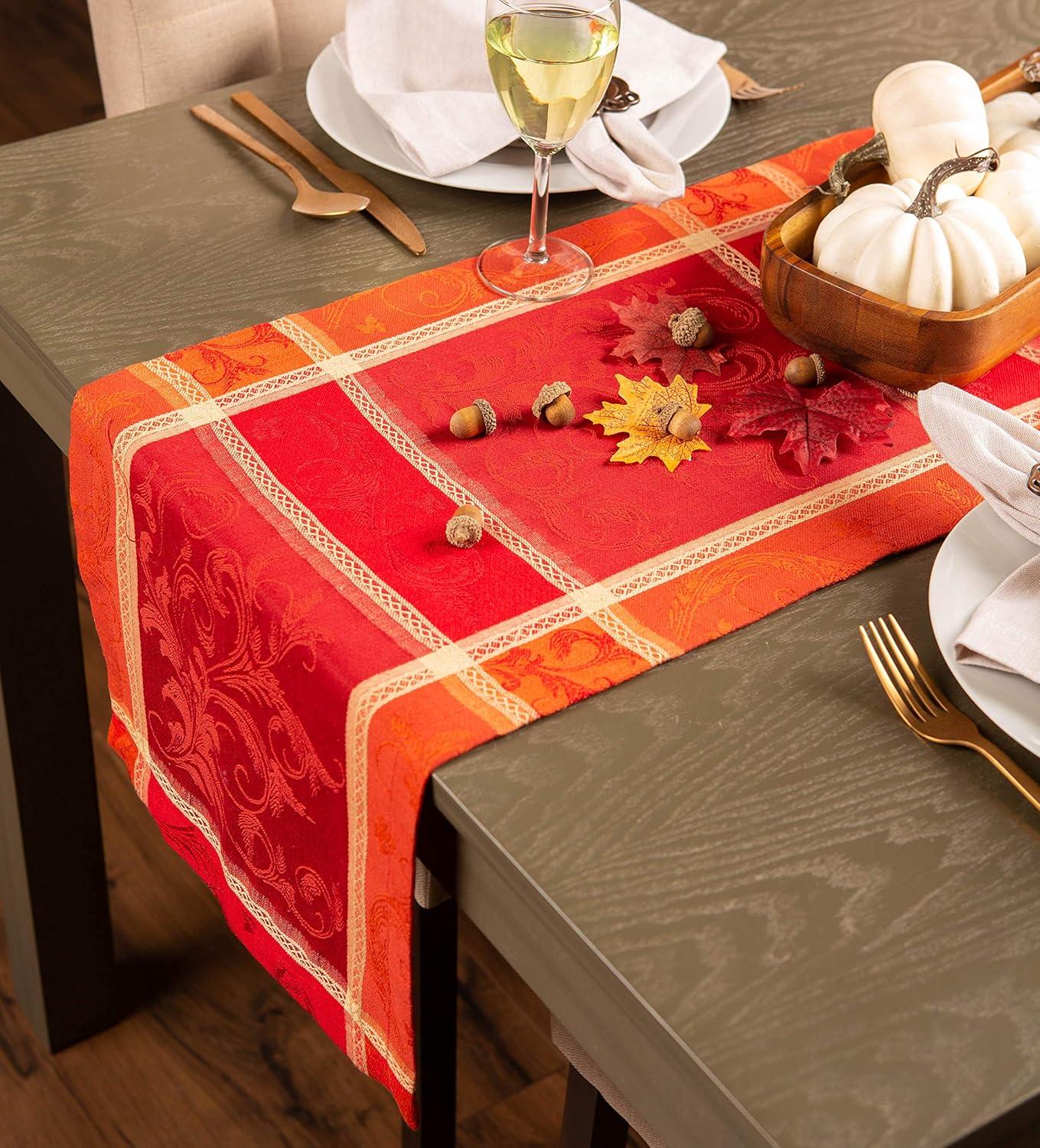 Harvest Wheat Jacquard Cotton Table Runner, 14x108, Red and Orange