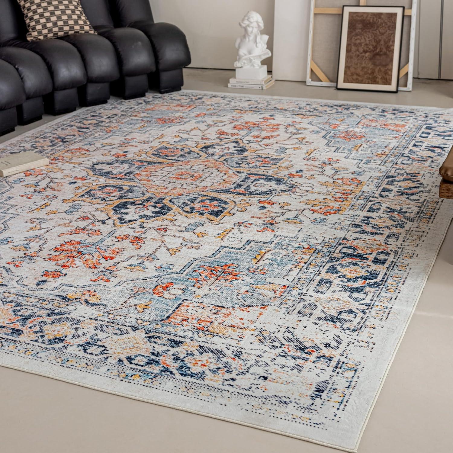 VK VK·LIVING 9x12 Area Rug Washable Rugs for Living Room Rug Vintage Design Boho Rug with Non Slip Living Room Rug Bedroom Carpet Stain Resistant, Home Decor, Blue&Orange
