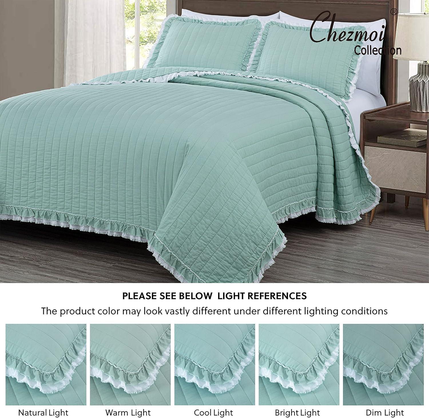 Chezmoi Collection Bonnie 3-Piece 100% Cotton Quilt Set King Size, Aqua - Double Frayed Ruffled Edge Lightweight Pre-Washed Soft-Finished Cotton Bedspread for All Season