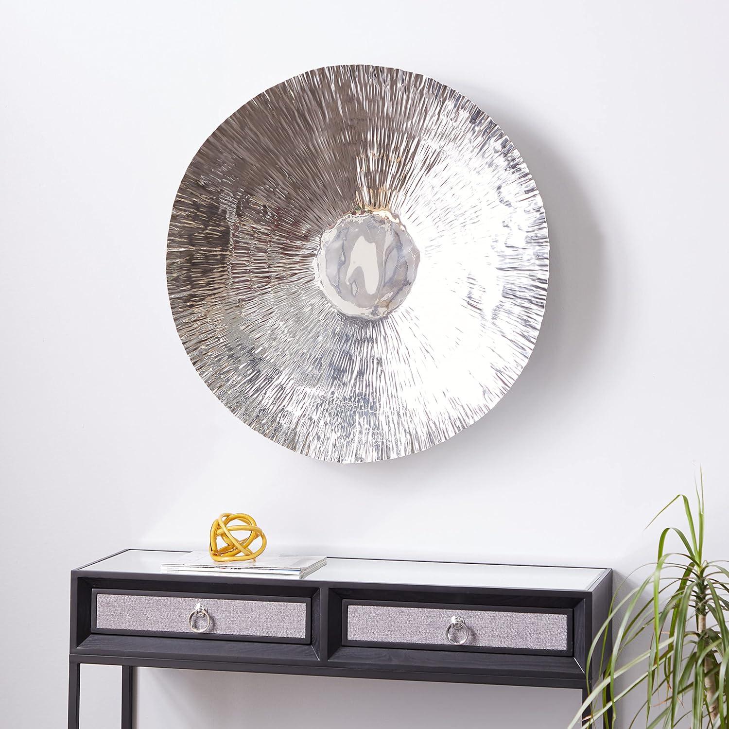 Silver Stainless Steel Circular Wall Sculpture with Hammered Design