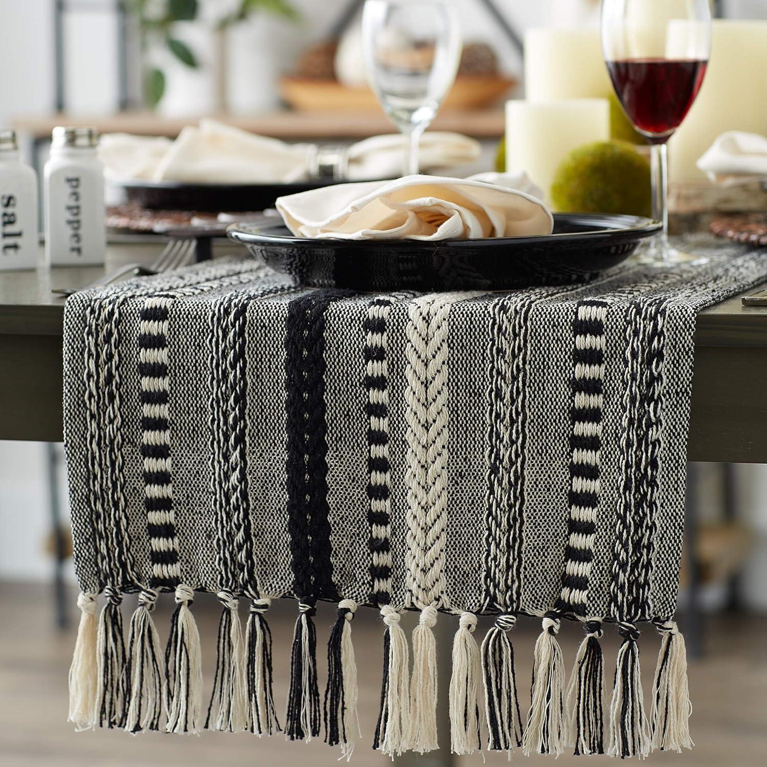 DII 15x72" Modern Cotton Braided Stripe Table Runner in Black/White