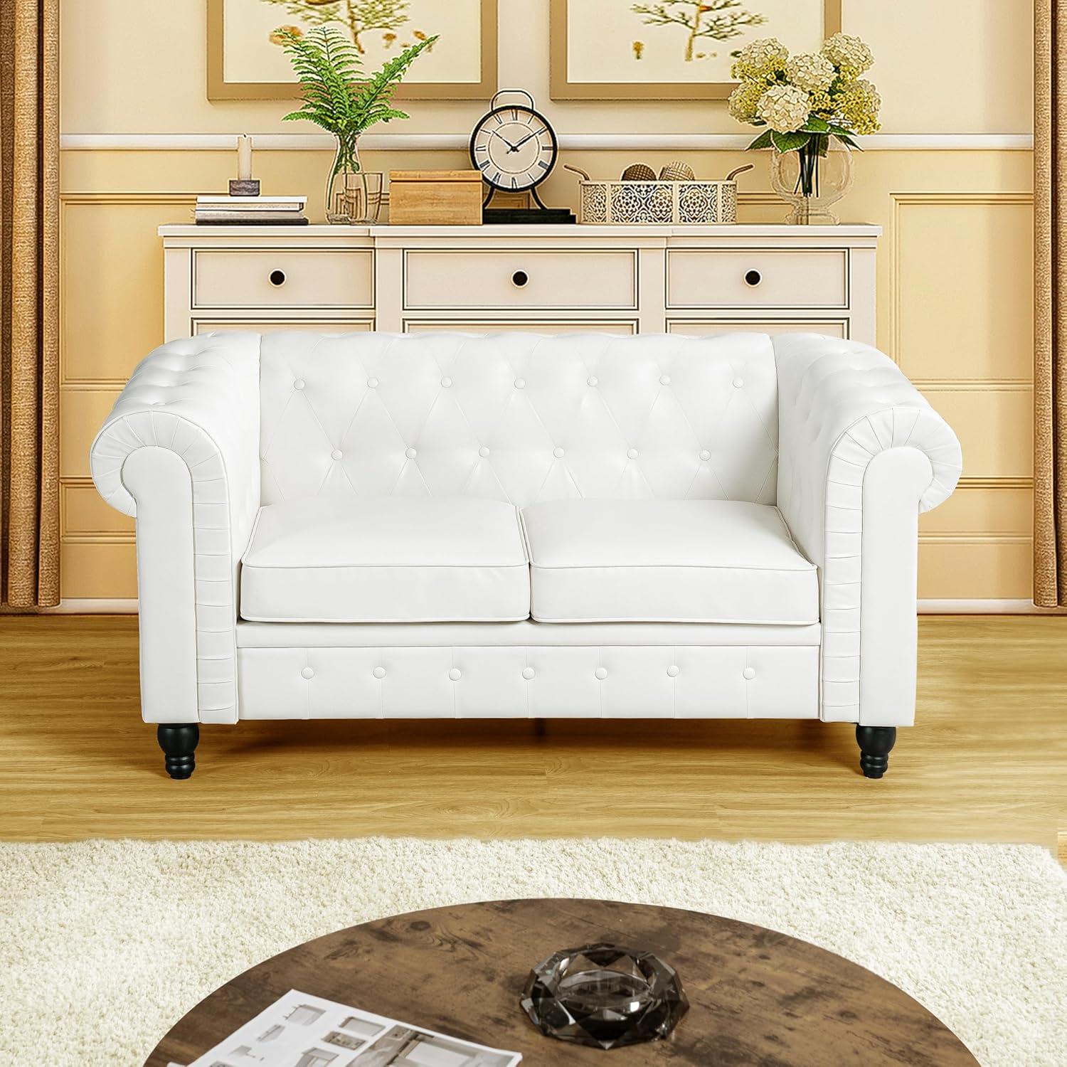 Emery Off-White Tufted Chesterfield 3-Piece Sofa Set with Rolled Arms