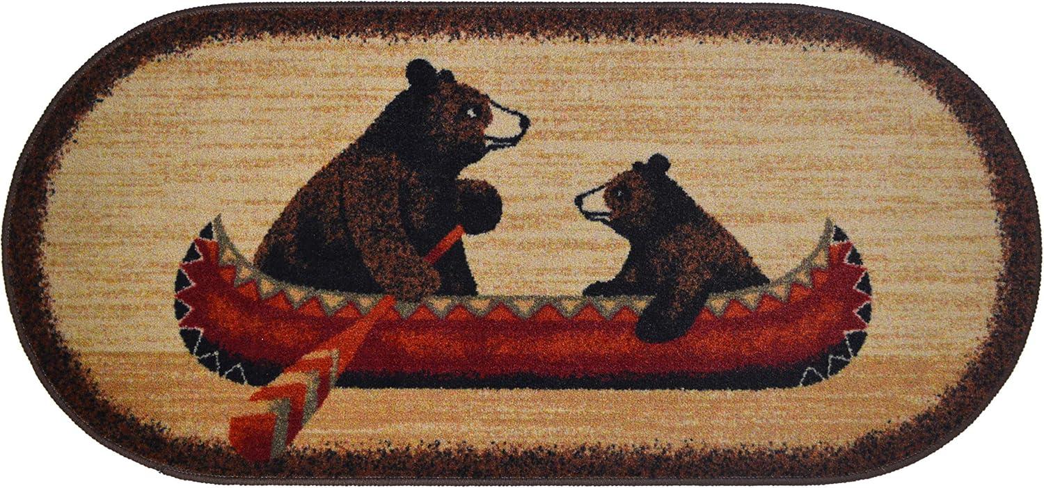 Cozy Cabin Bear Canoe Oval Multicolor Washable Rug